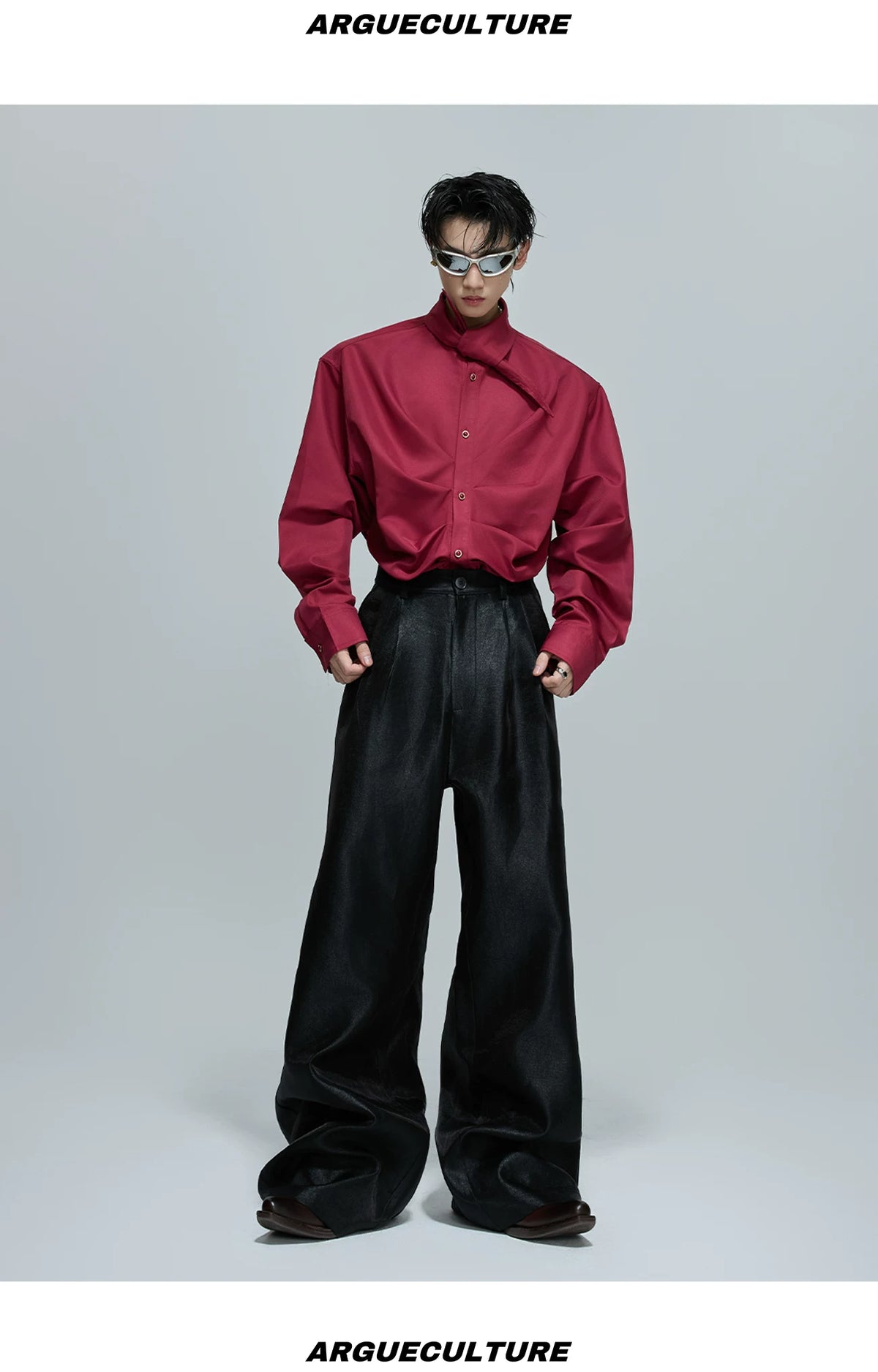Relaxed Pleated Cotton Shirt with Lapel Collar - description image 2