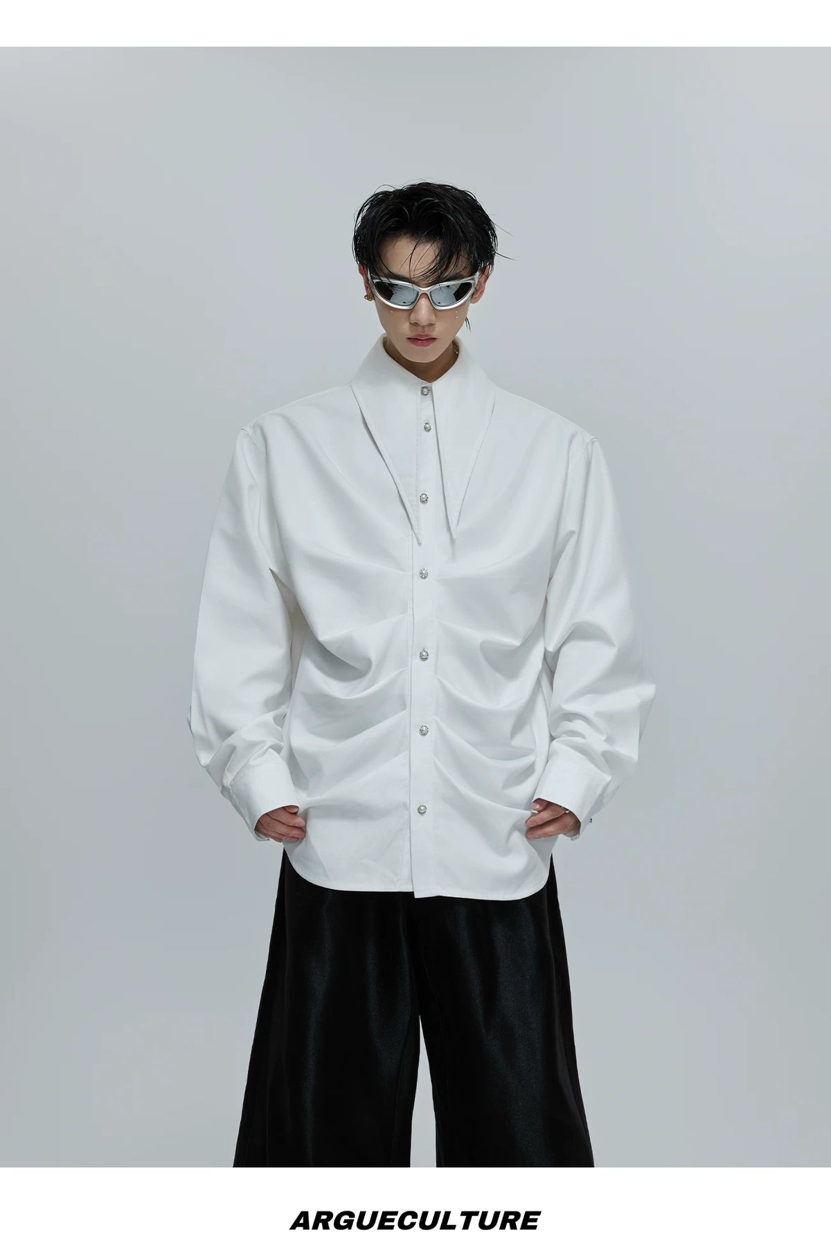 Relaxed Pleated Cotton Shirt with Lapel Collar - description image 3