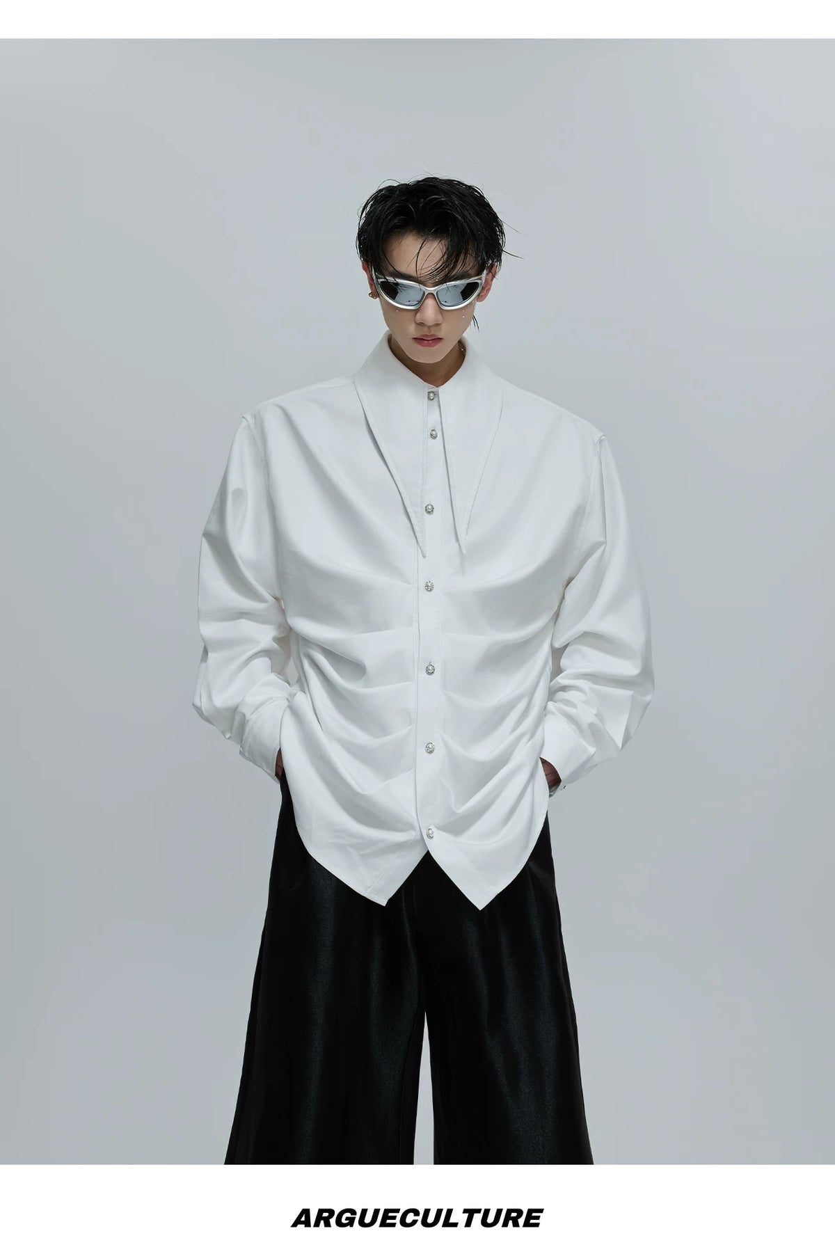Relaxed Pleated Cotton Shirt with Lapel Collar - description image 4