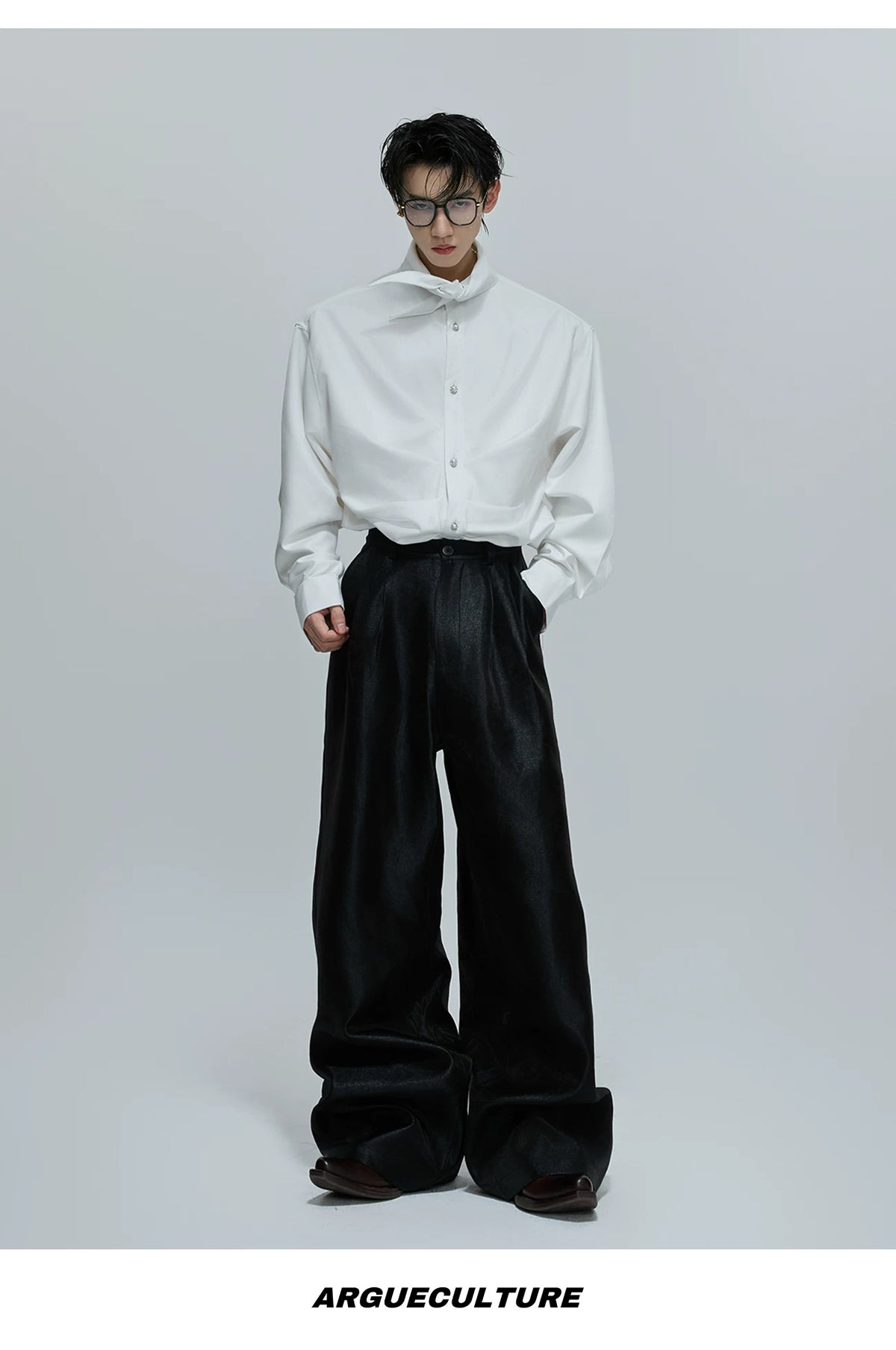 Relaxed Pleated Cotton Shirt with Lapel Collar - description image 5