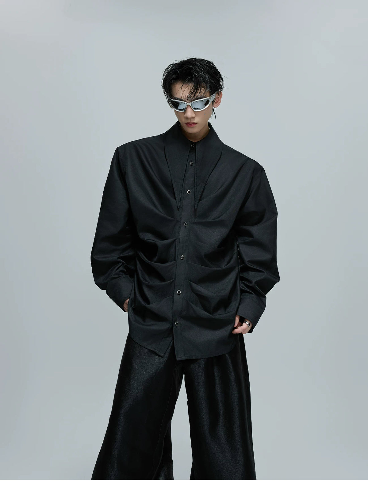 Relaxed Pleated Cotton Shirt with Lapel Collar - description image 6