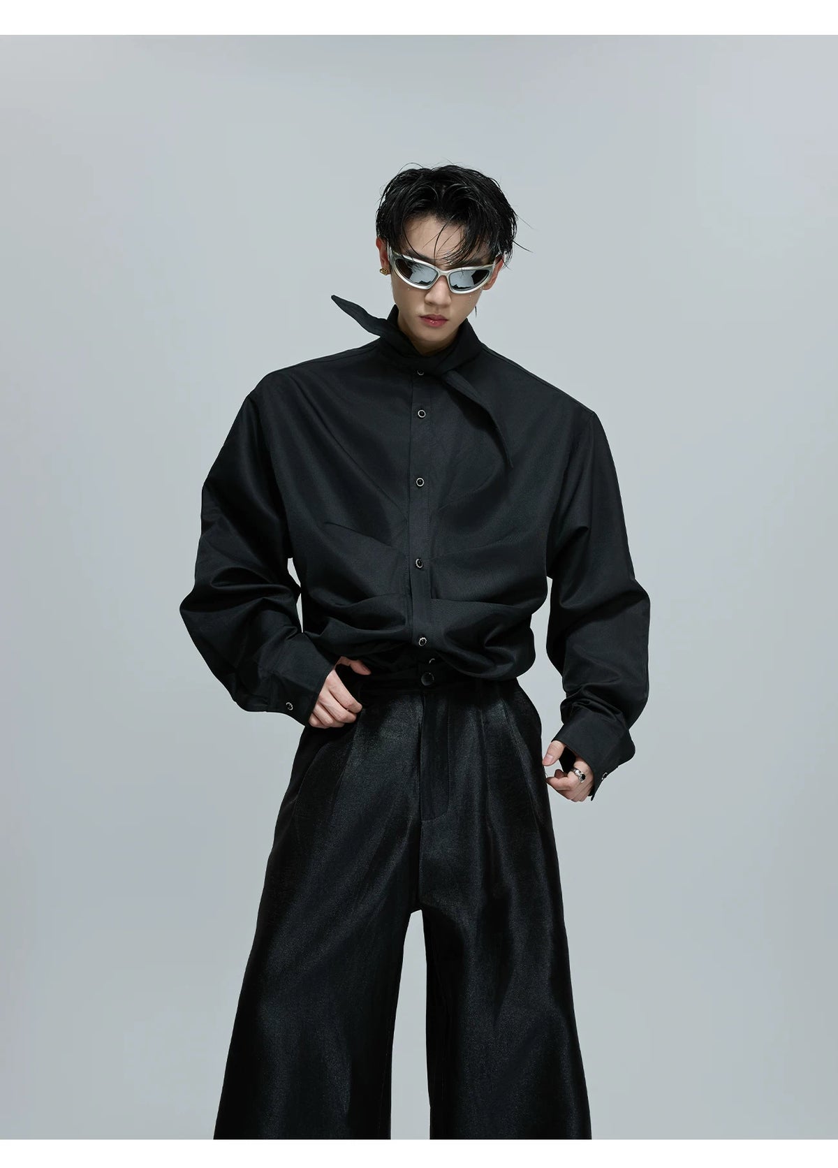 Relaxed Pleated Cotton Shirt with Lapel Collar - description image 8