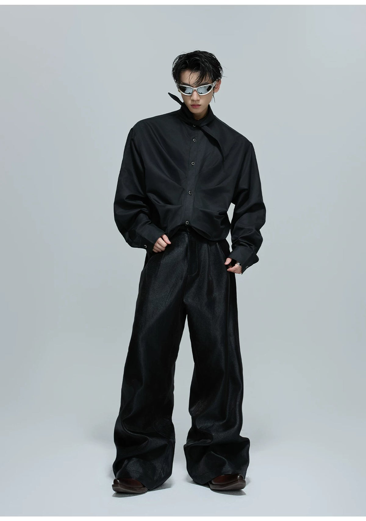 Relaxed Pleated Cotton Shirt with Lapel Collar - description image 10