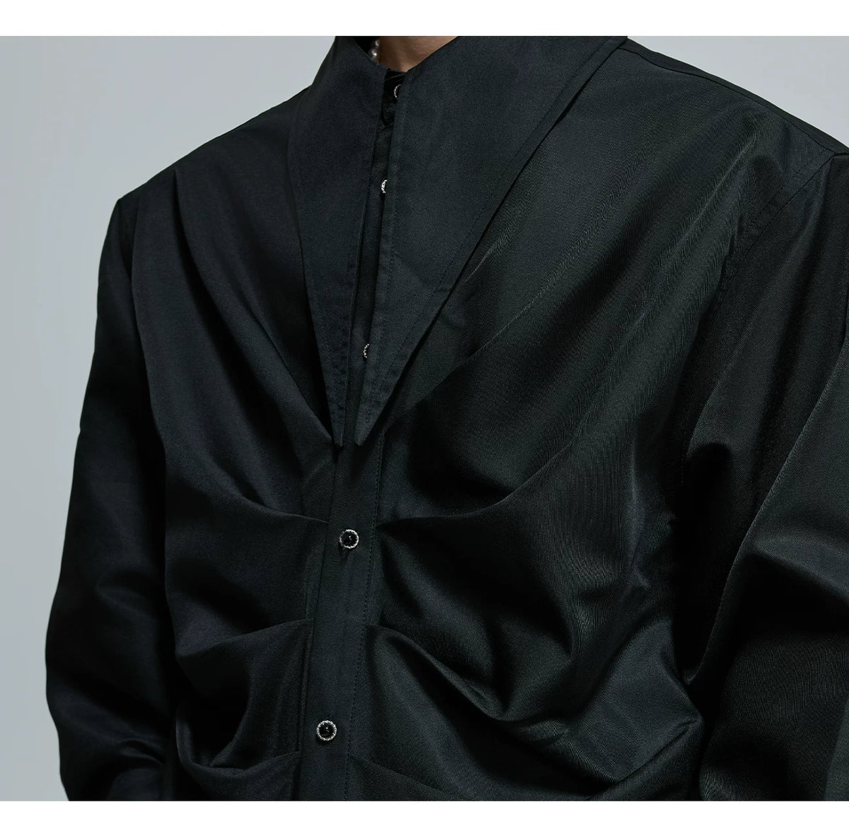 Relaxed Pleated Cotton Shirt with Lapel Collar - description image 11
