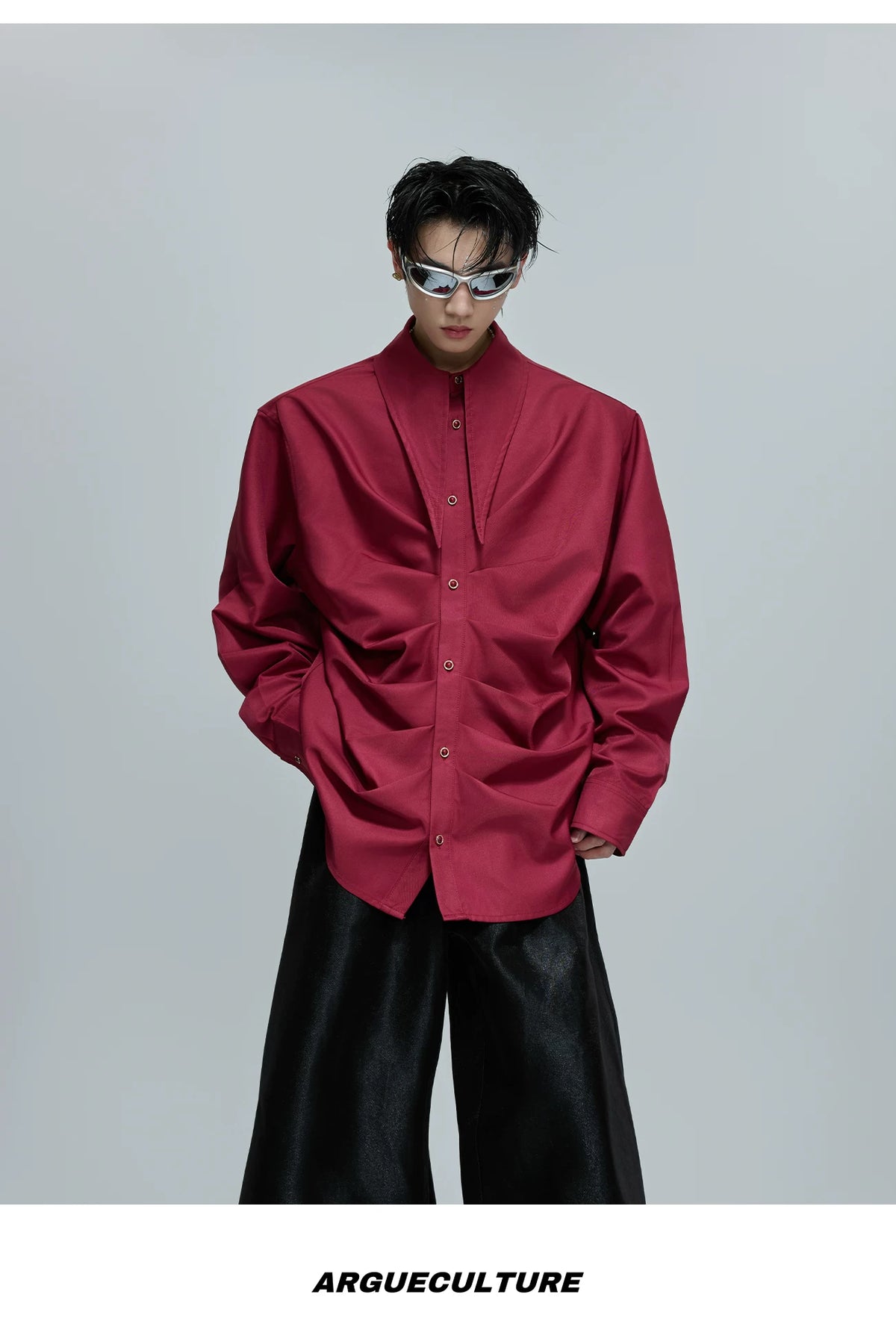 Relaxed Pleated Cotton Shirt with Lapel Collar - description image 12
