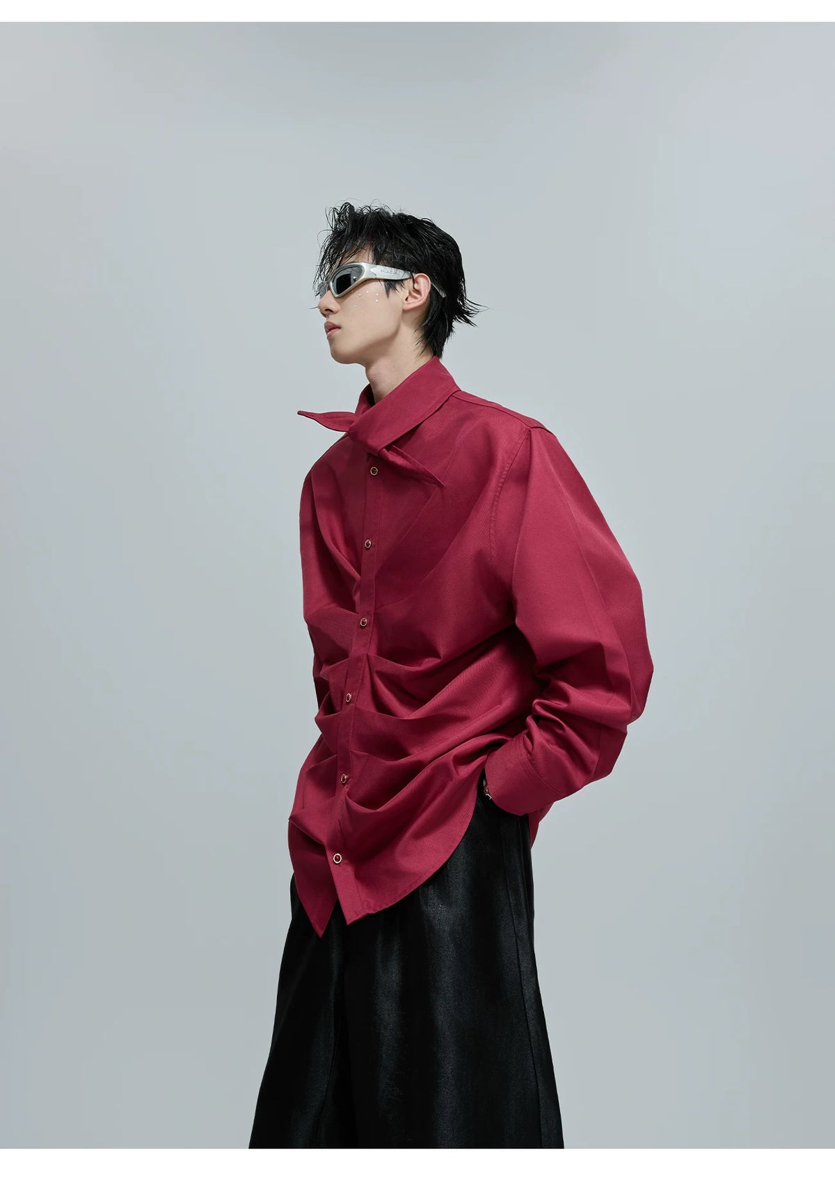 Relaxed Pleated Cotton Shirt with Lapel Collar - description image 13