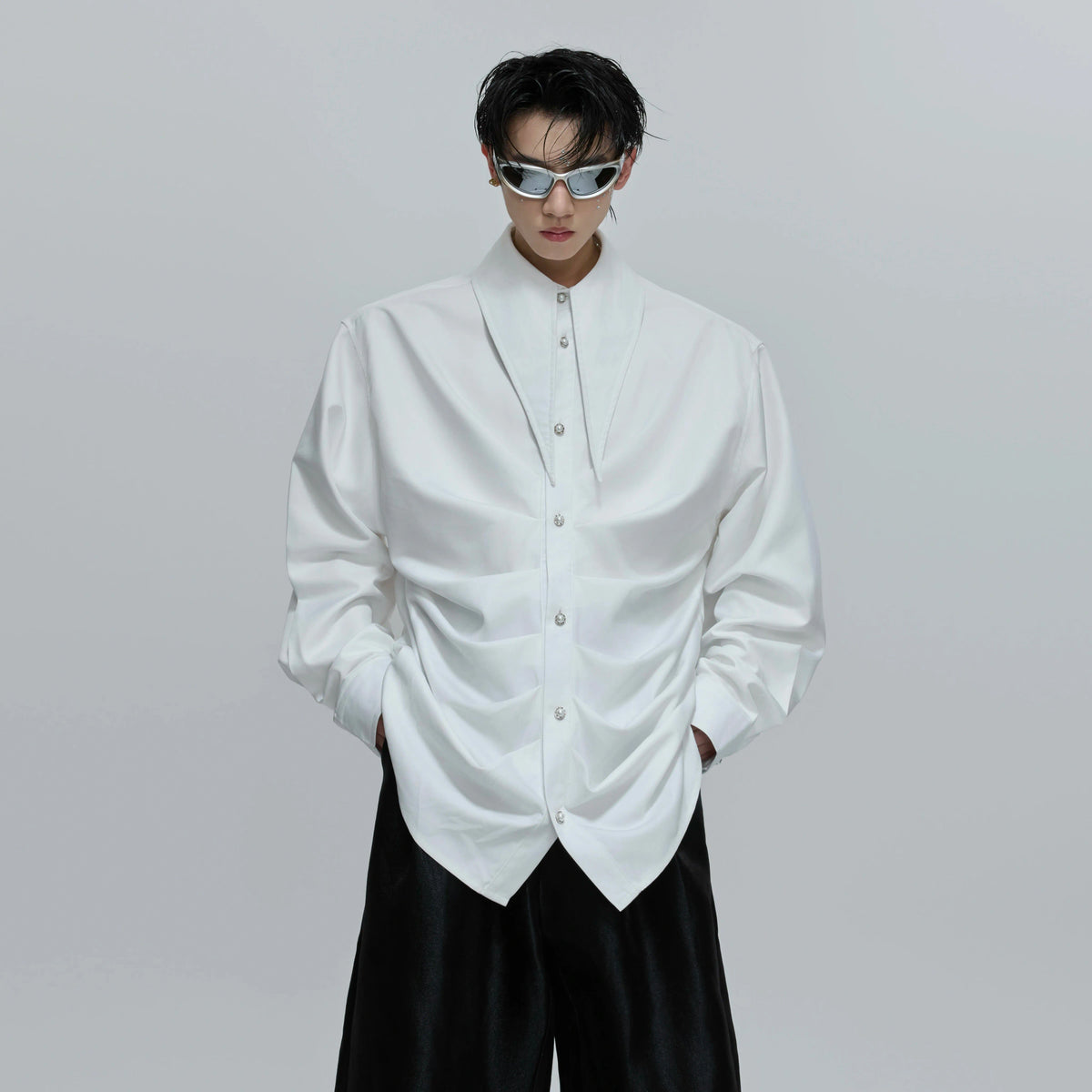 Relaxed Pleated Cotton Shirt with Lapel Collar - main image 1