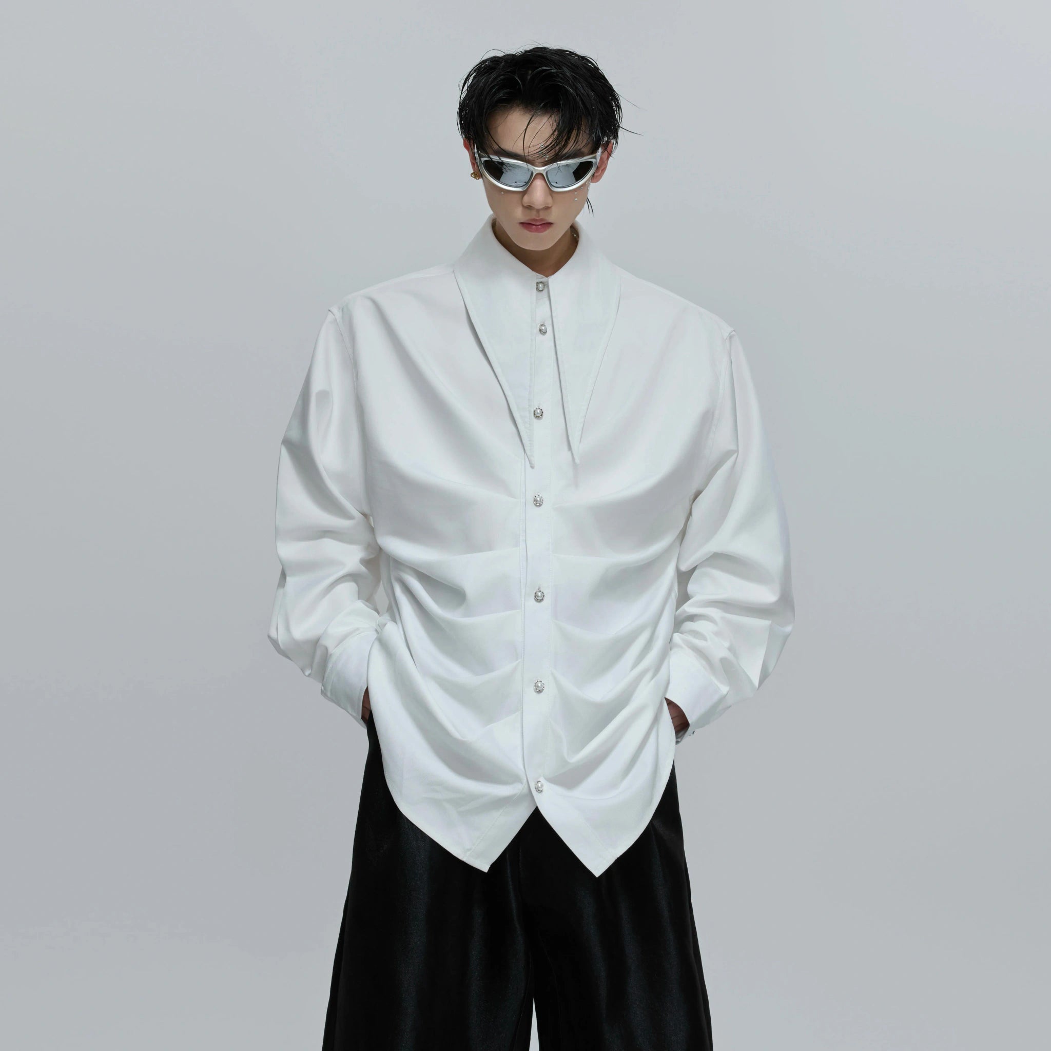 Relaxed Pleated Cotton Shirt with Lapel Collar - main image 1