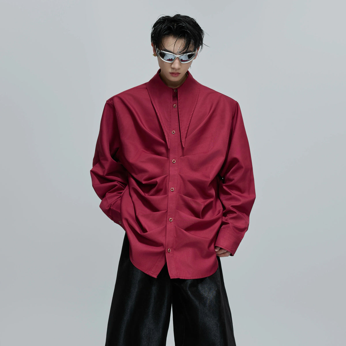 Relaxed Pleated Cotton Shirt with Lapel Collar - main image 2