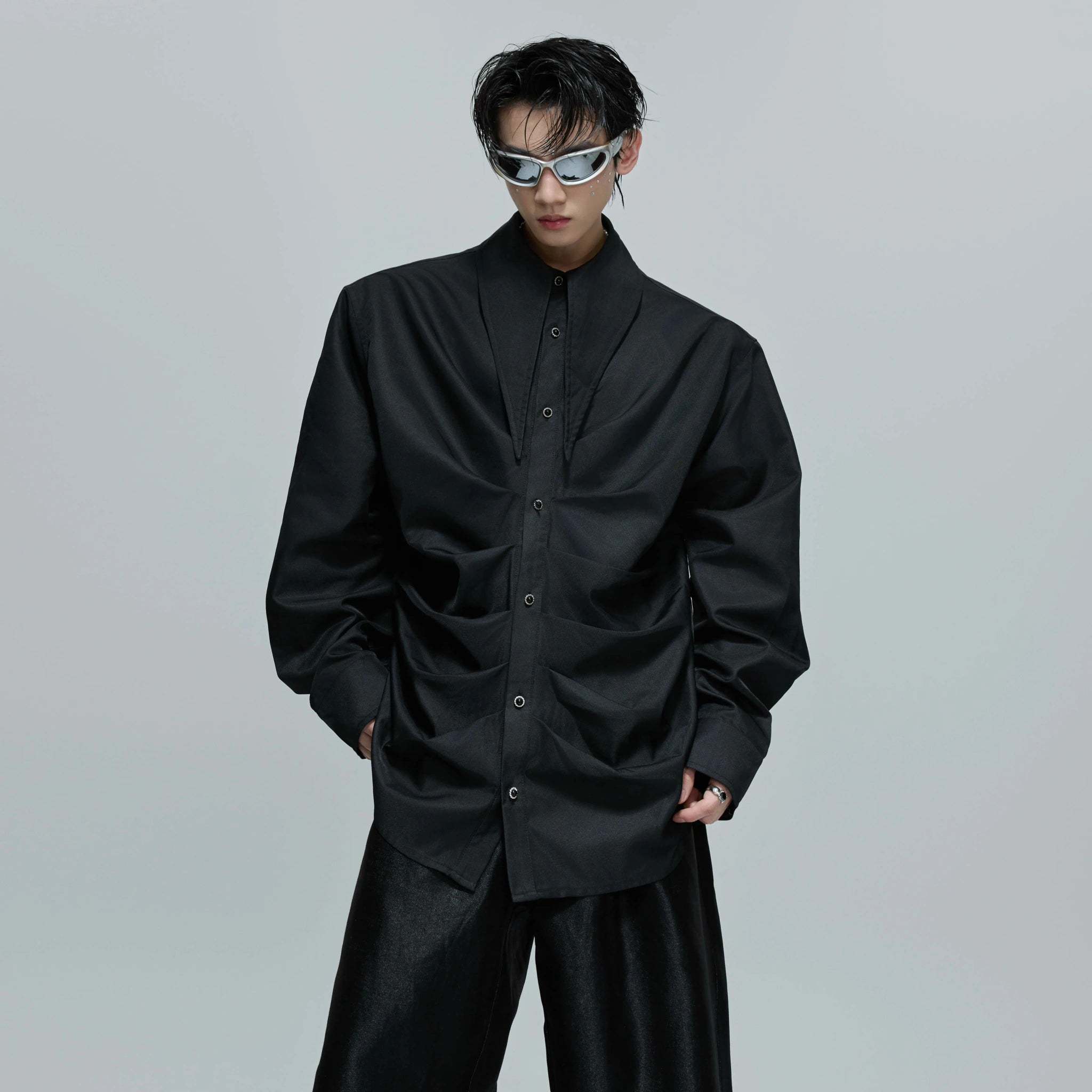 Relaxed Pleated Cotton Shirt with Lapel Collar - main image 3