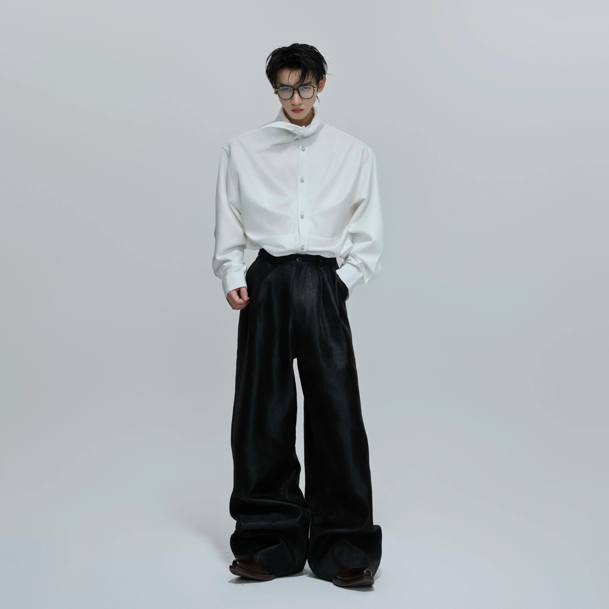Relaxed Pleated Cotton Shirt with Lapel Collar - main image 5