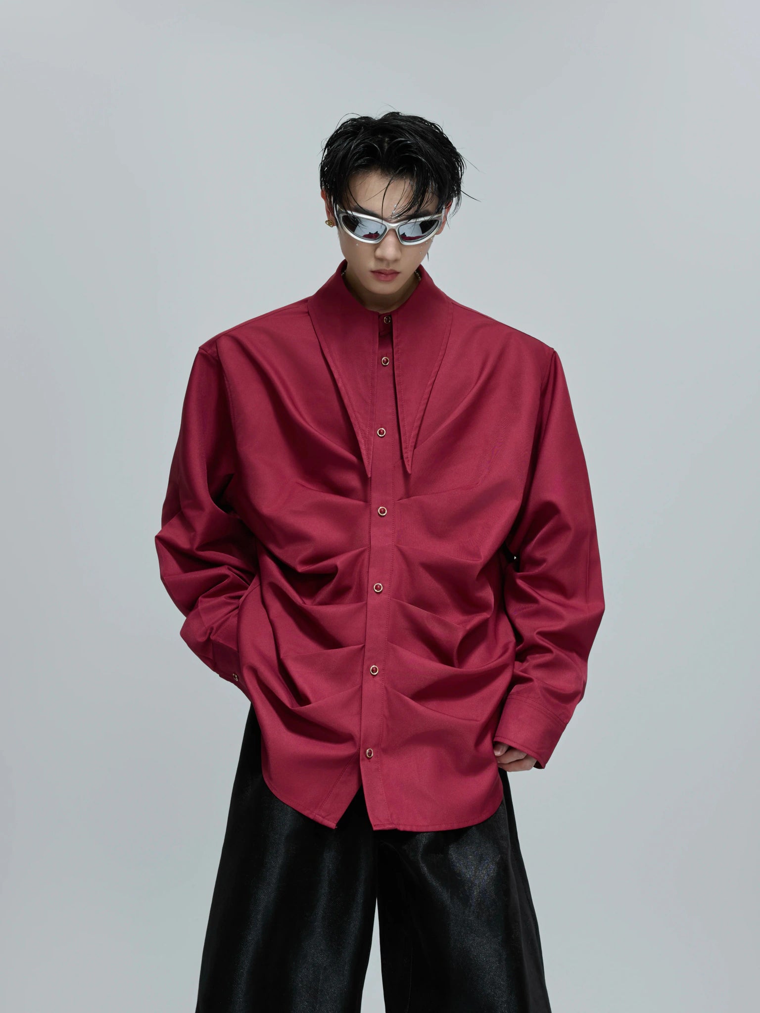 Relaxed Pleated Cotton Shirt with Lapel Collar - Red Top