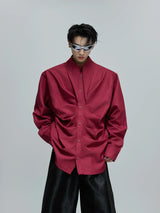 Relaxed Pleated Cotton Shirt with Lapel Collar - Red Top