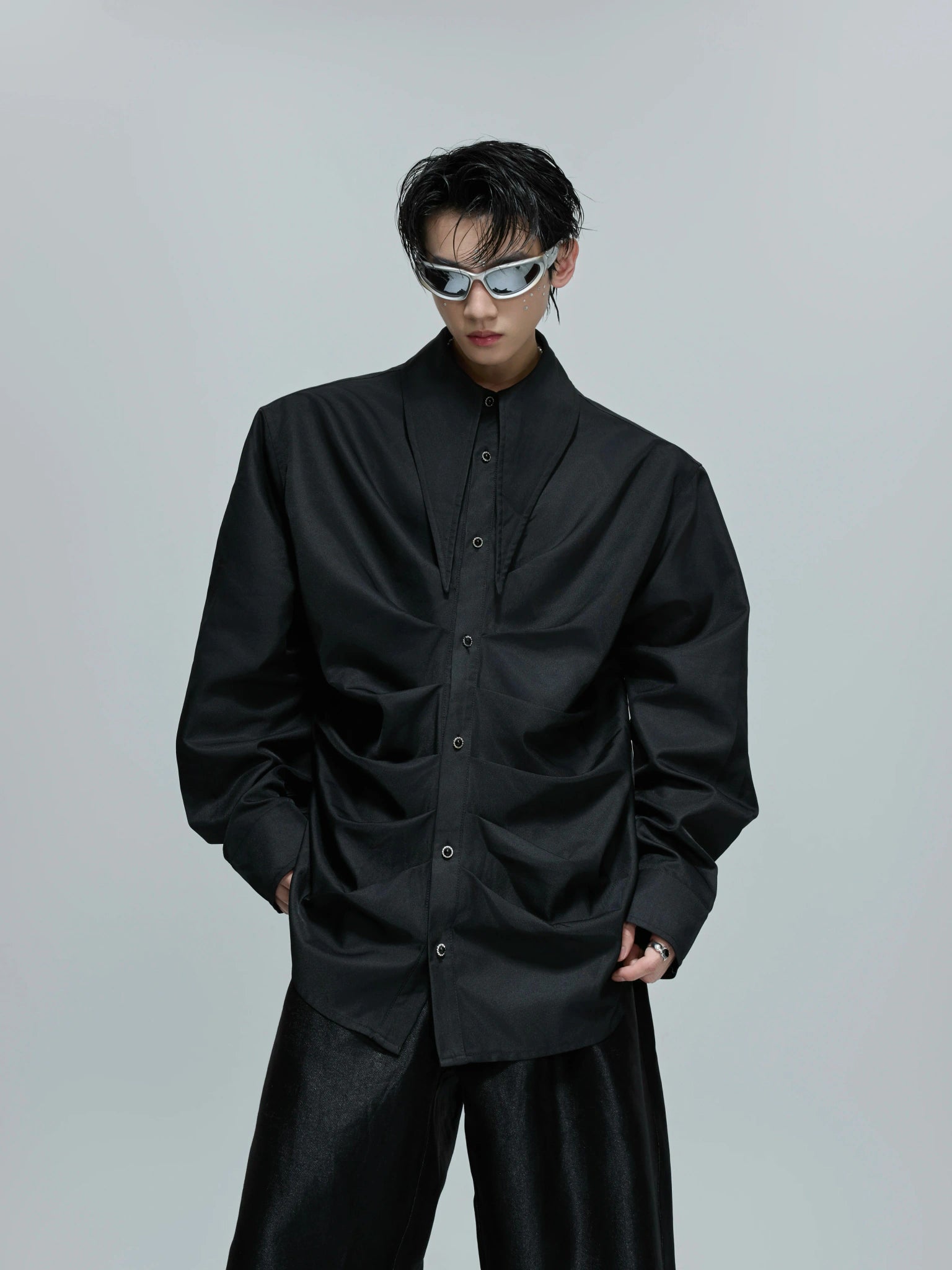 Relaxed Pleated Cotton Shirt with Lapel Collar - Black Top