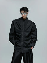 Relaxed Pleated Cotton Shirt with Lapel Collar - Black Top