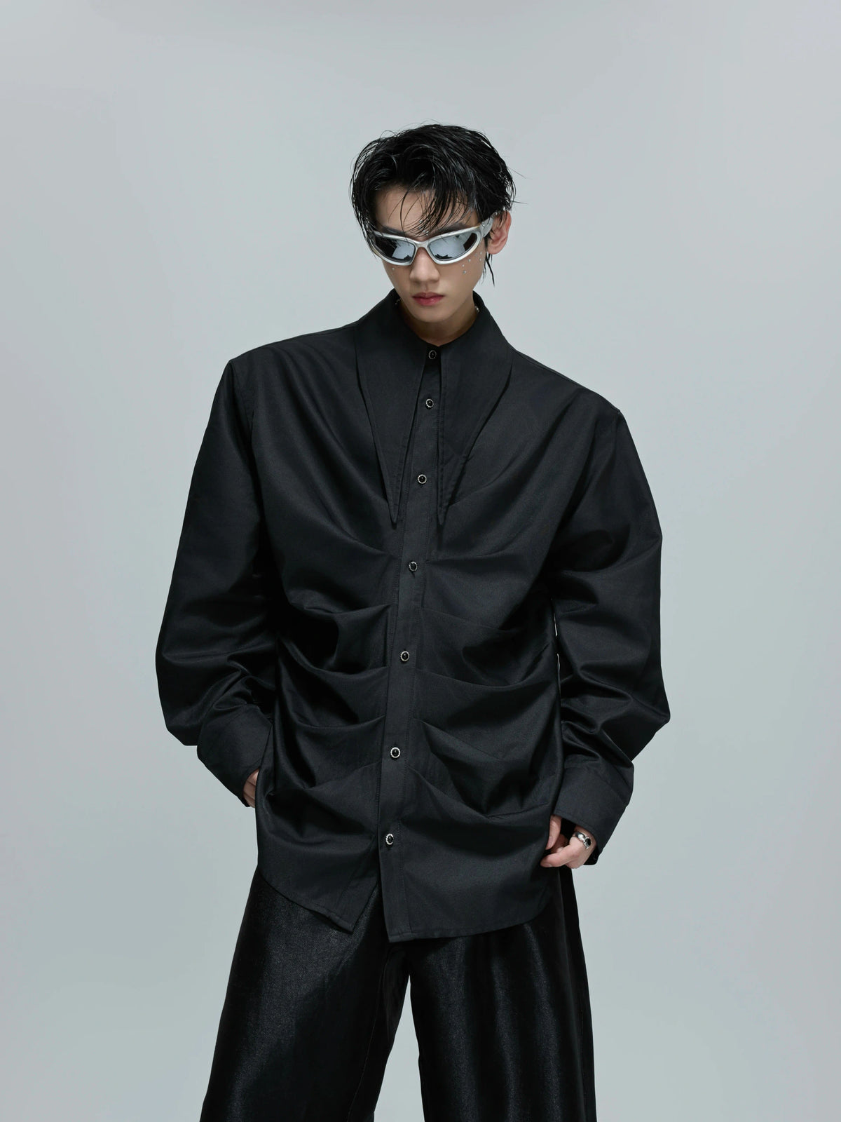 Relaxed Pleated Cotton Shirt with Lapel Collar - Black Top