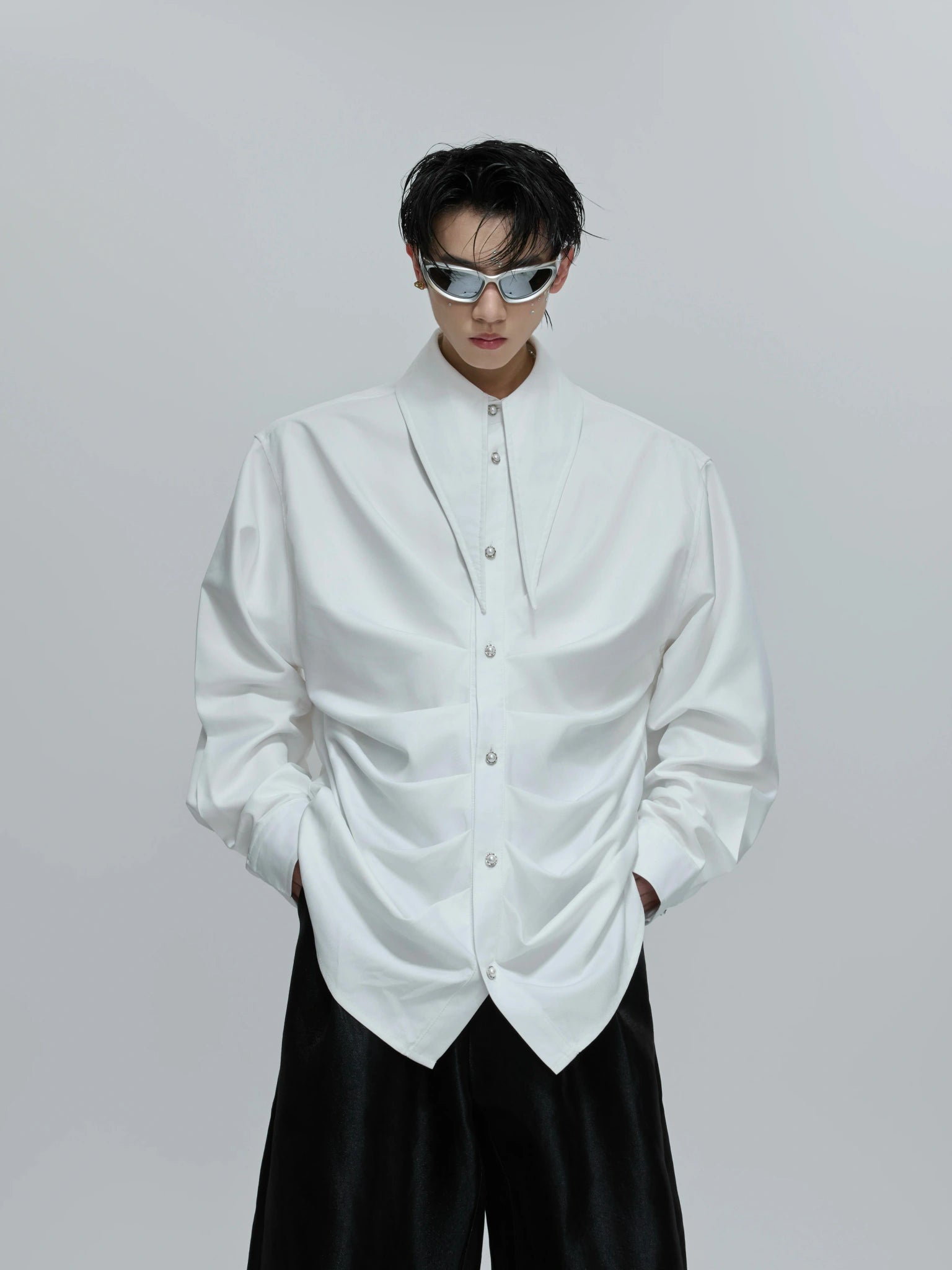 Relaxed Pleated Cotton Shirt with Lapel Collar - White Top