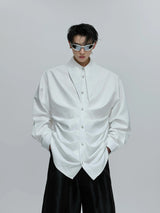 Relaxed Pleated Cotton Shirt with Lapel Collar - White Top