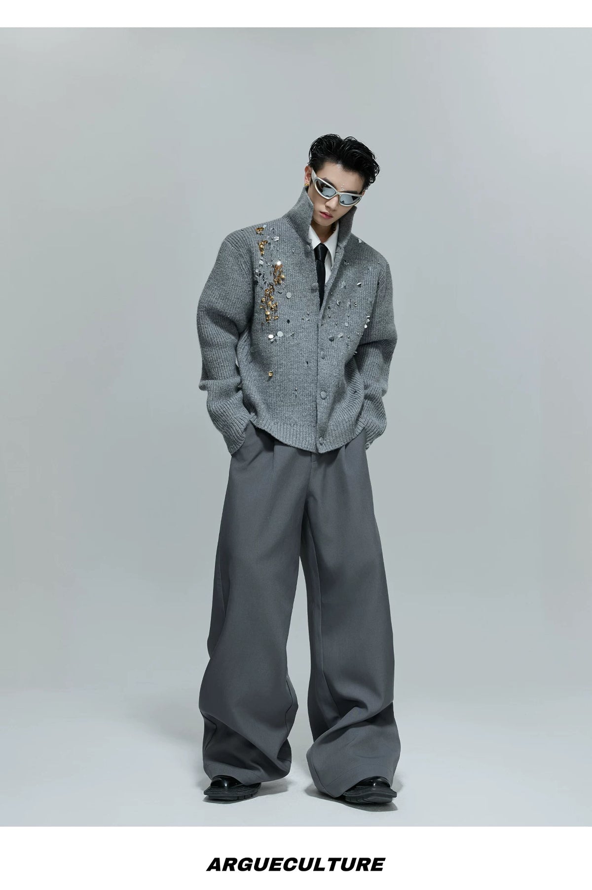 Sequin Wool-Blend High-Neck Cardigan | Unisex Knitwear - description image 3