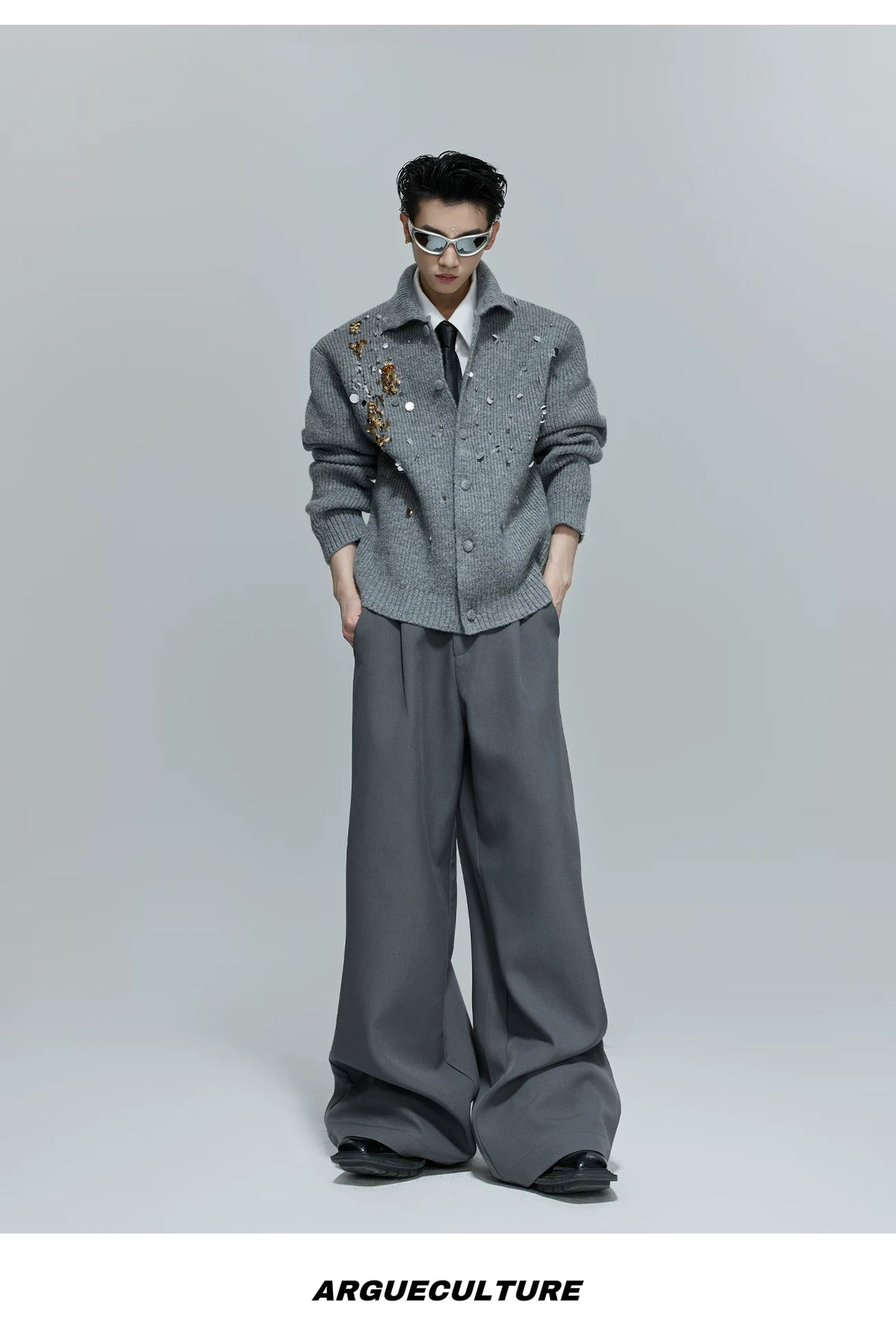 Sequin Wool-Blend High-Neck Cardigan | Unisex Knitwear - description image 5