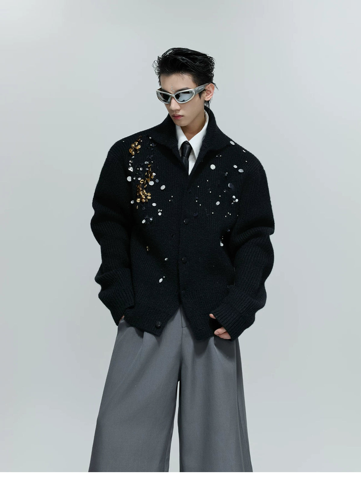 Sequin Wool-Blend High-Neck Cardigan | Unisex Knitwear - description image 6