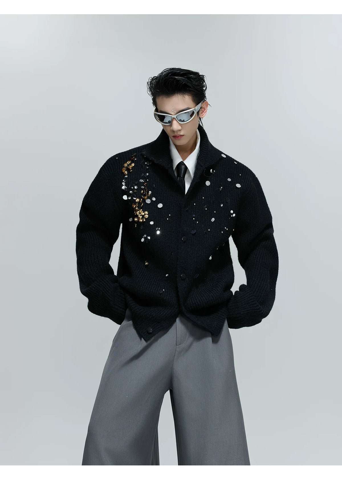 Sequin Wool-Blend High-Neck Cardigan | Unisex Knitwear - description image 8
