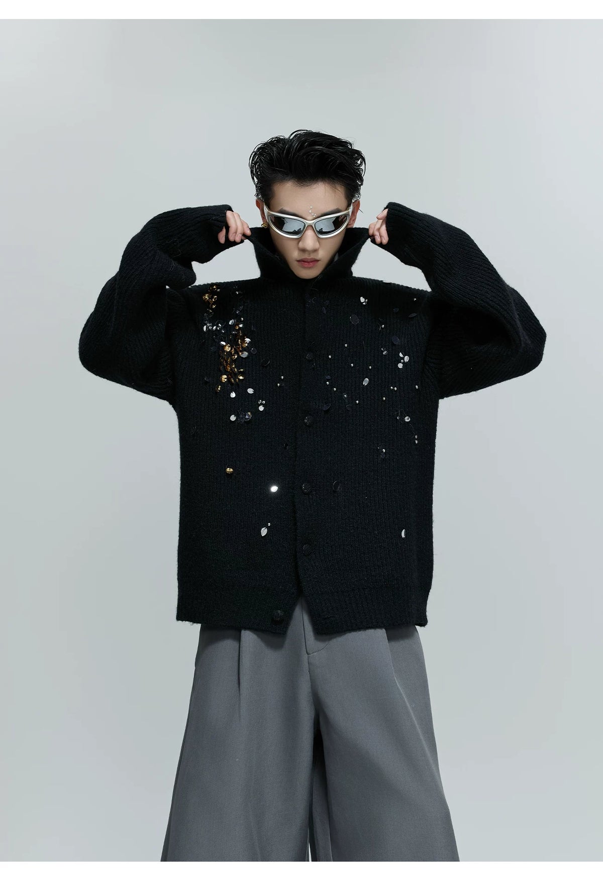 Sequin Wool-Blend High-Neck Cardigan | Unisex Knitwear - description image 9