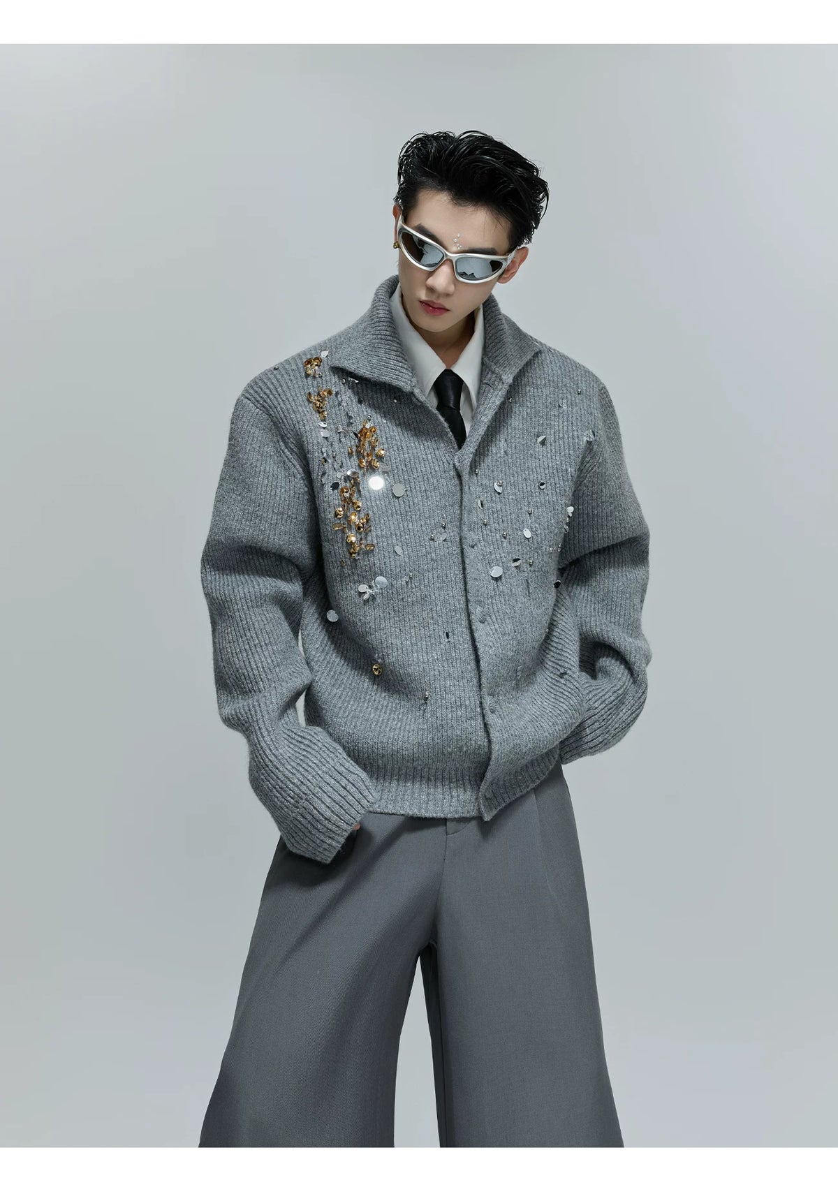Sequin Wool-Blend High-Neck Cardigan | Unisex Knitwear - description image 10