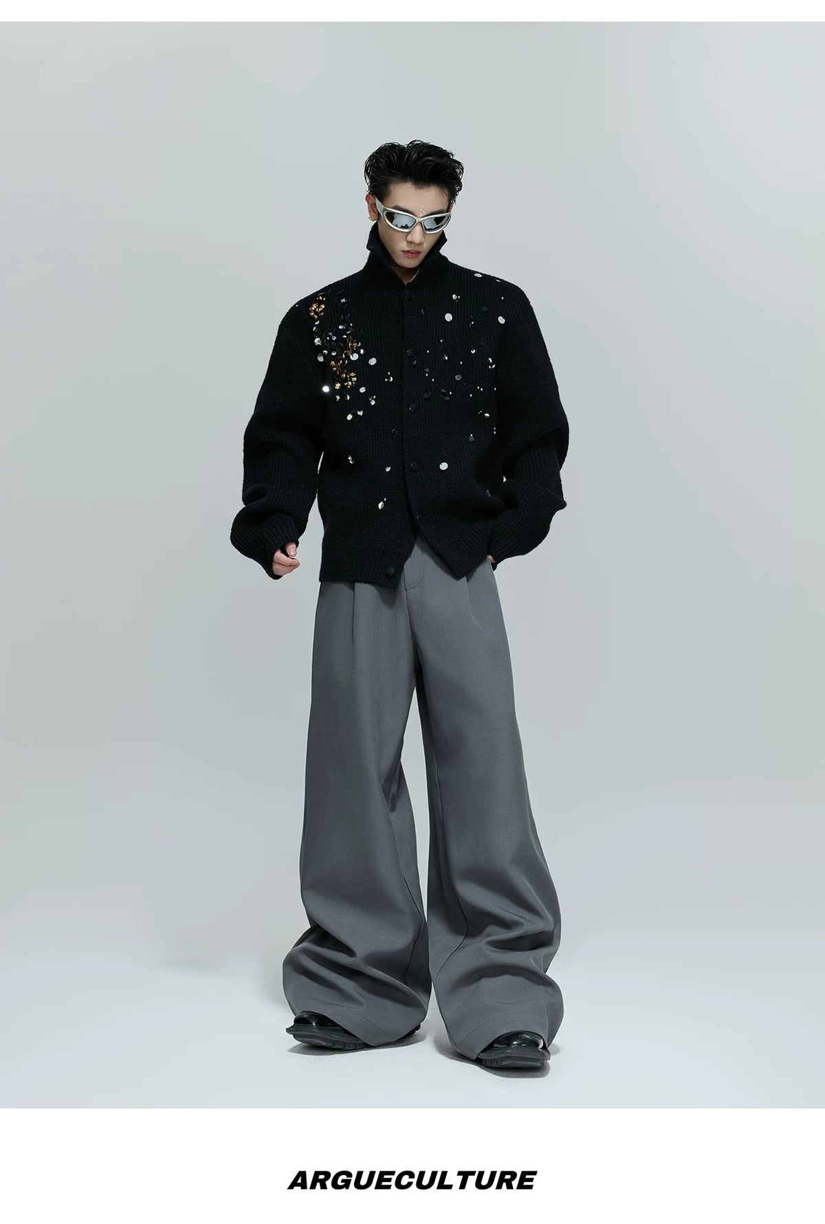 Sequin Wool-Blend High-Neck Cardigan | Unisex Knitwear - description image 11