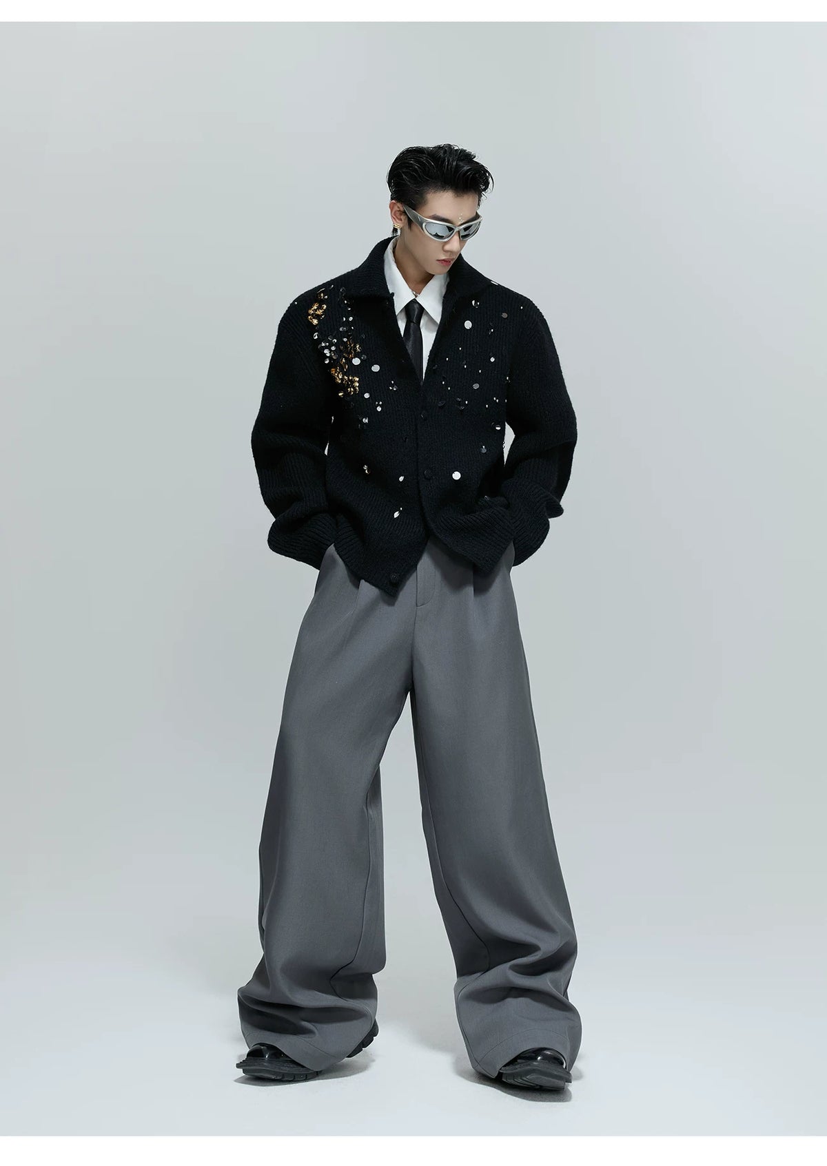Sequin Wool-Blend High-Neck Cardigan | Unisex Knitwear - description image 12
