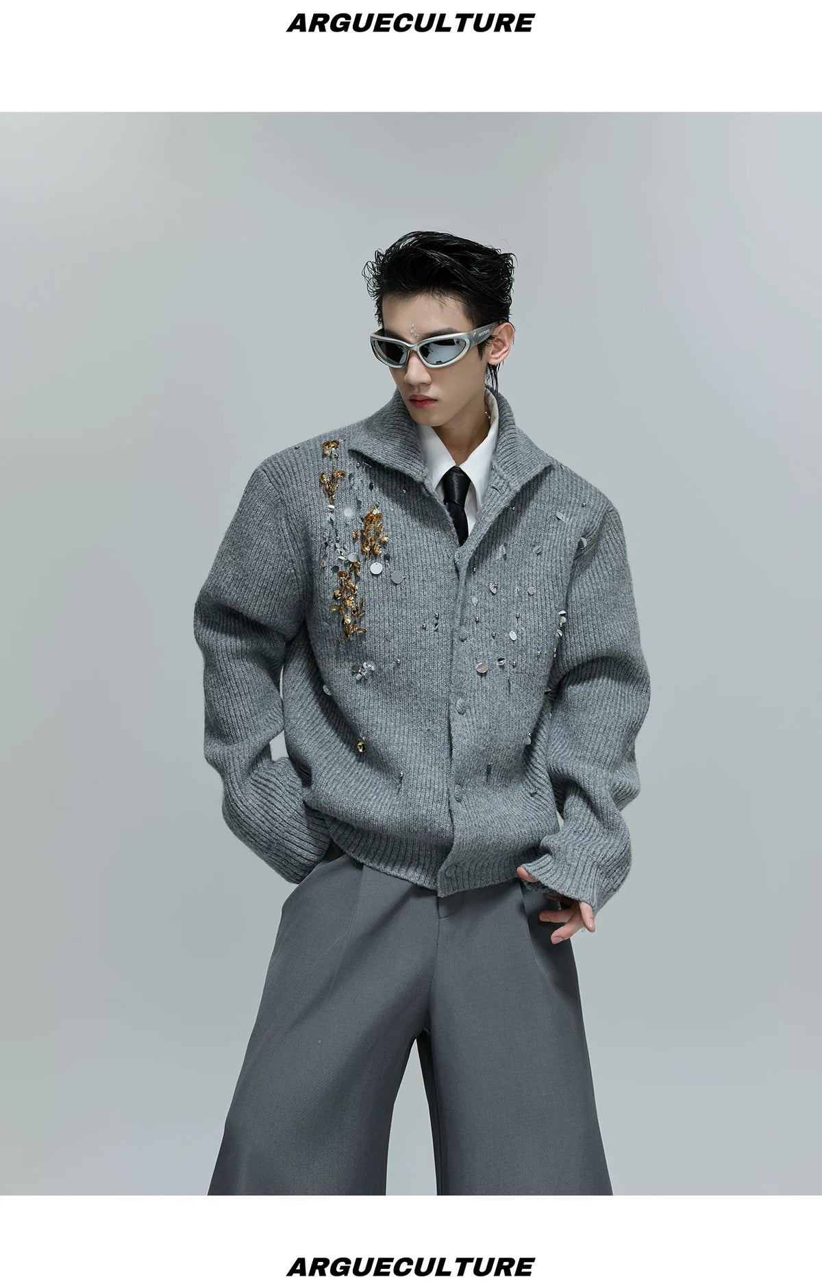 Sequin Wool-Blend High-Neck Cardigan | Unisex Knitwear - description image 13