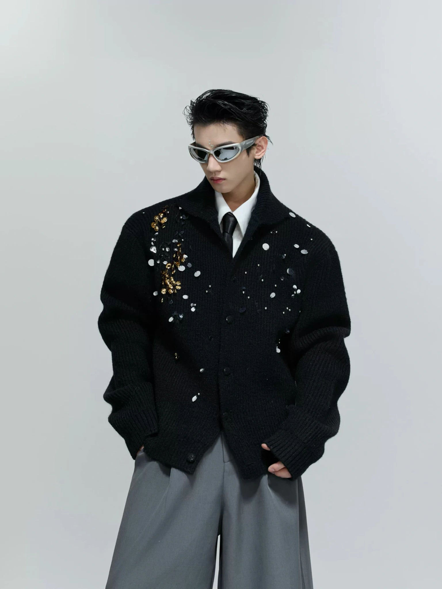 Sequin Wool-Blend High-Neck Cardigan | Unisex Knitwear - Black Top
