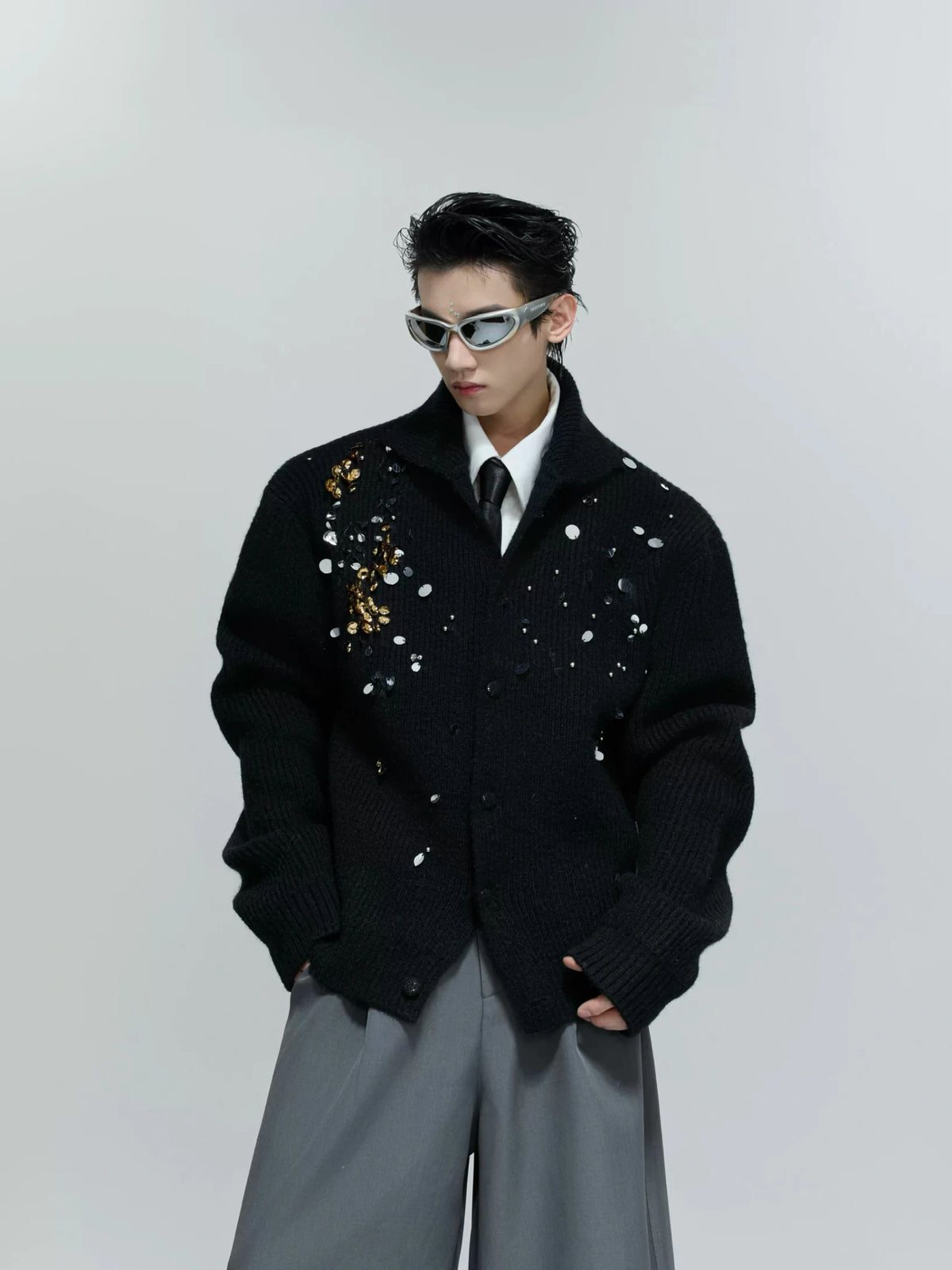 Sequin Wool-Blend High-Neck Cardigan | Unisex Knitwear - Black Top