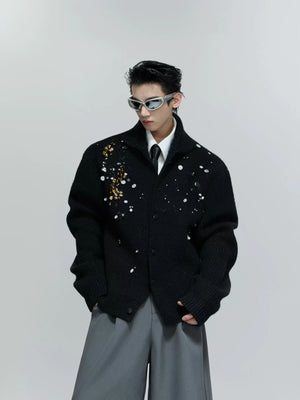 Sequin Wool-Blend High-Neck Cardigan | Unisex Knitwear - Black Top