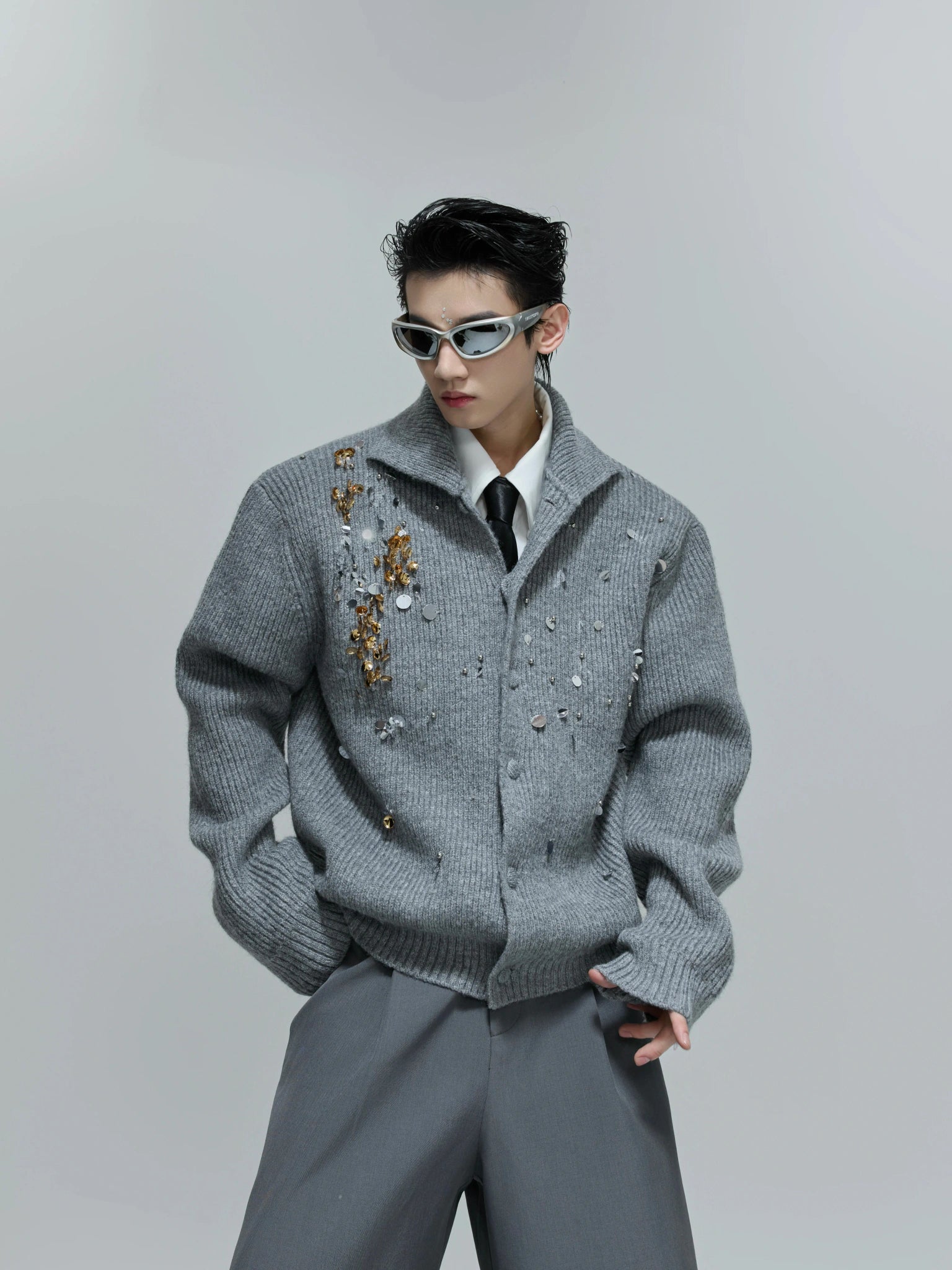 Sequin Wool-Blend High-Neck Cardigan | Unisex Knitwear - Gray Top