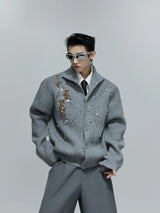 Sequin Wool-Blend High-Neck Cardigan | Unisex Knitwear - Gray Top