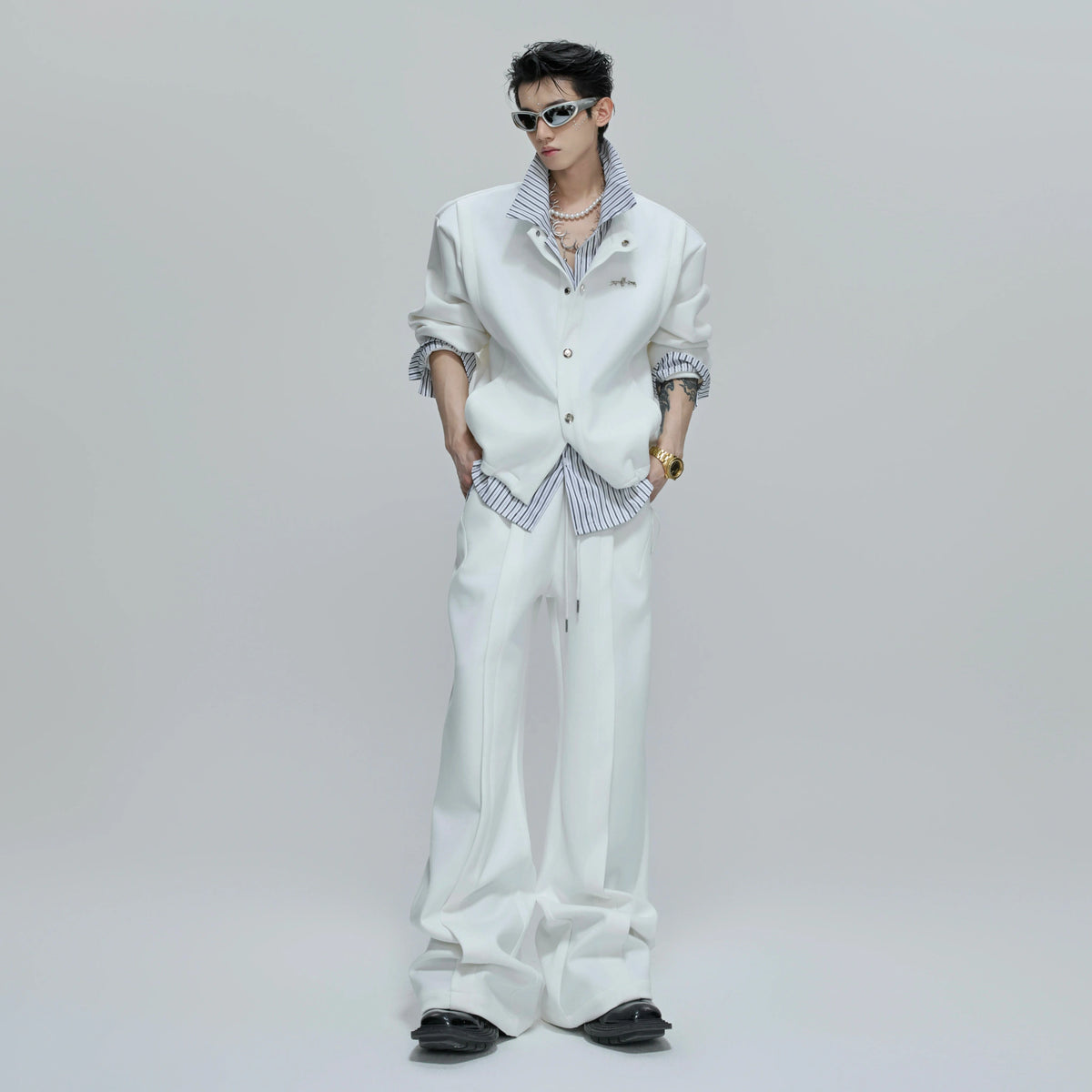 Color-Block Stripe Layered Cardigan | Unisex Streetwear - main image 1