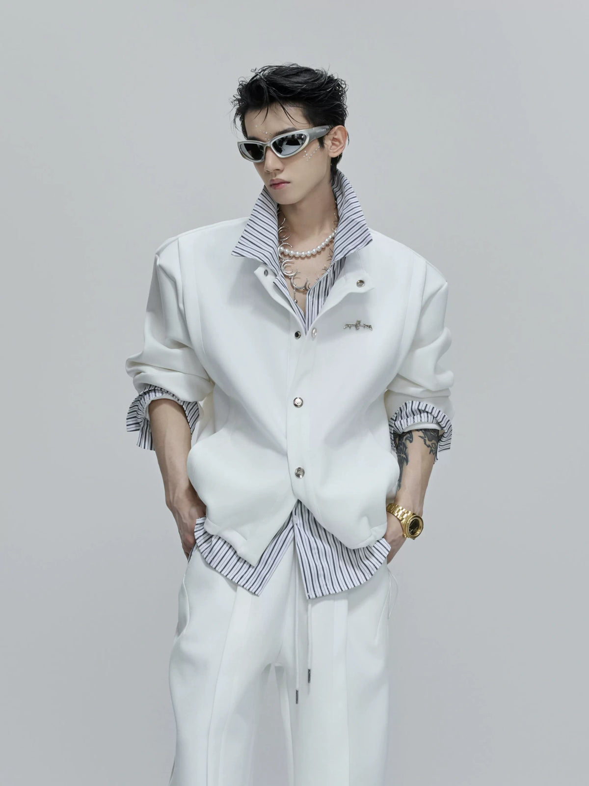 Color-Block Stripe Layered Cardigan | Unisex Streetwear - Baiyang White Top