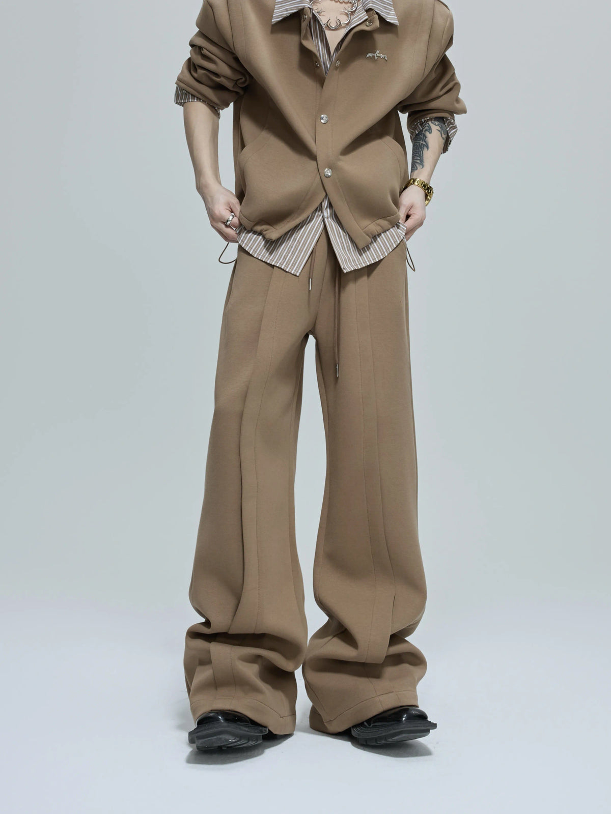 Color-Block Stripe Layered Cardigan | Unisex Streetwear - Baixu Khaki Pants