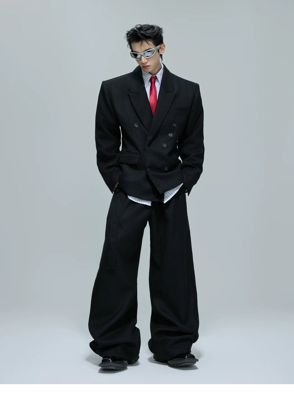 Relaxed Cotton Double-Breasted Suit Separates, Black & White - description image 2