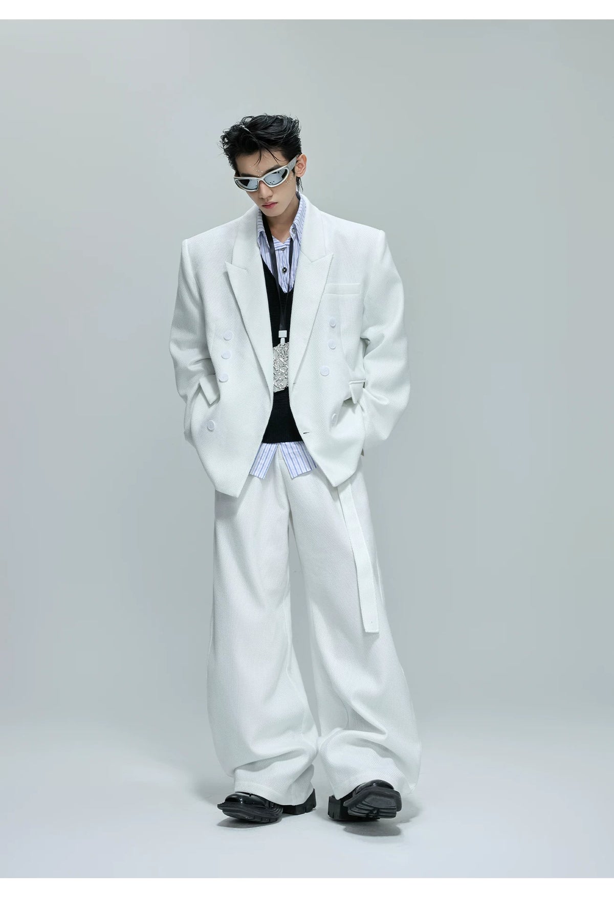 Relaxed Cotton Double-Breasted Suit Separates, Black & White - description image 5