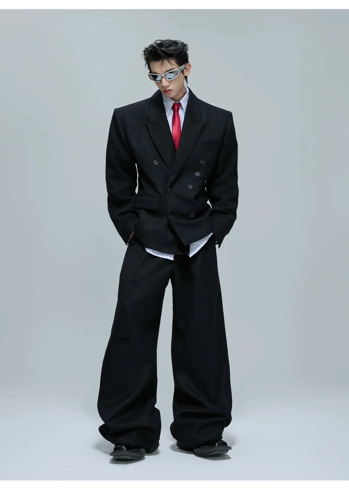 Relaxed Cotton Double-Breasted Suit Separates, Black & White - description image 9