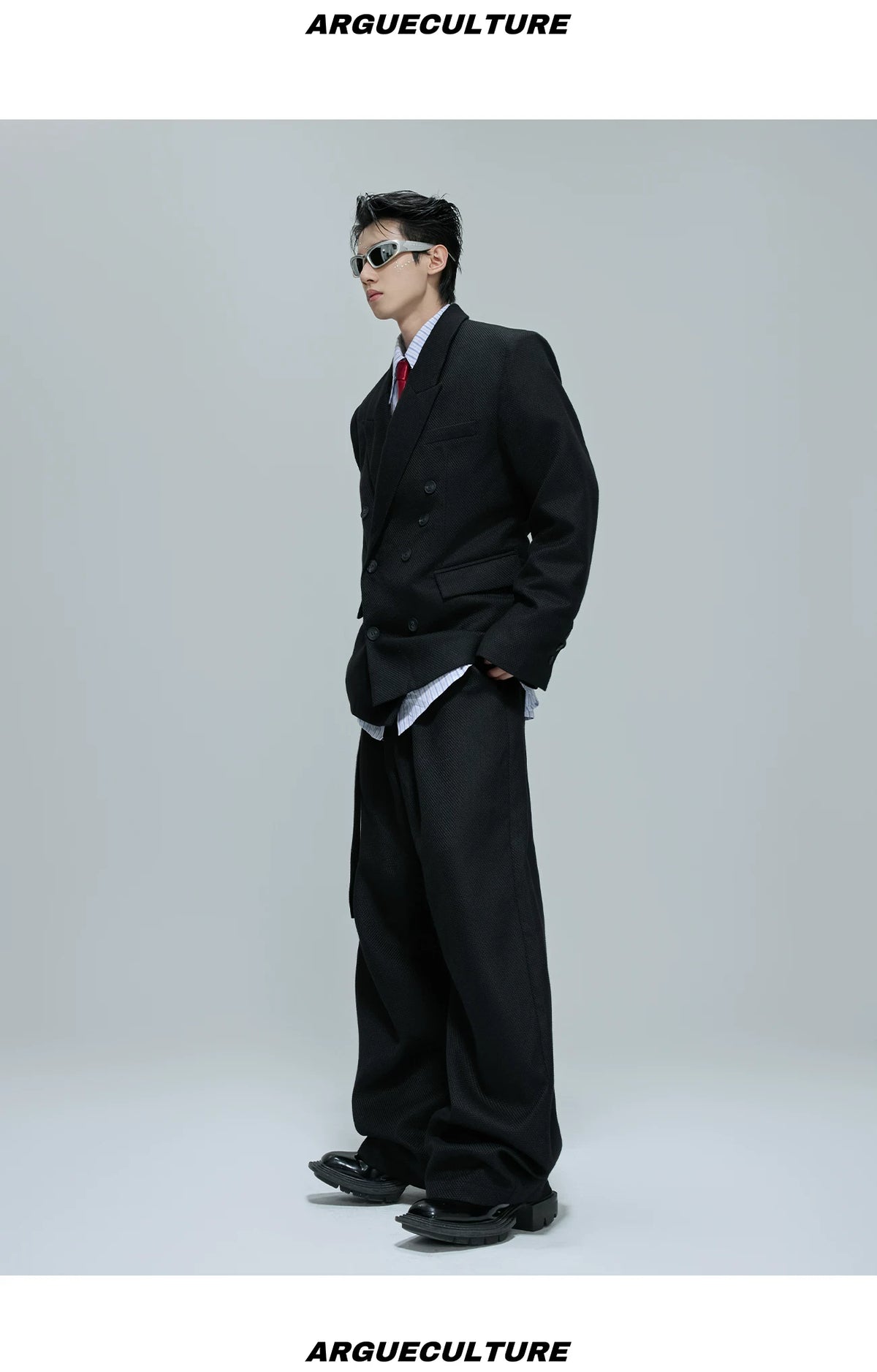 Relaxed Cotton Double-Breasted Suit Separates, Black & White - description image 10
