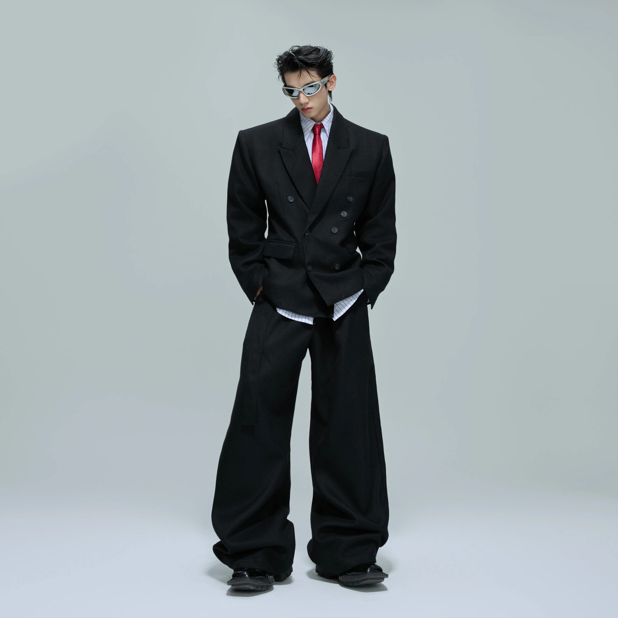 Relaxed Cotton Double-Breasted Suit Separates, Black & White - main image 1