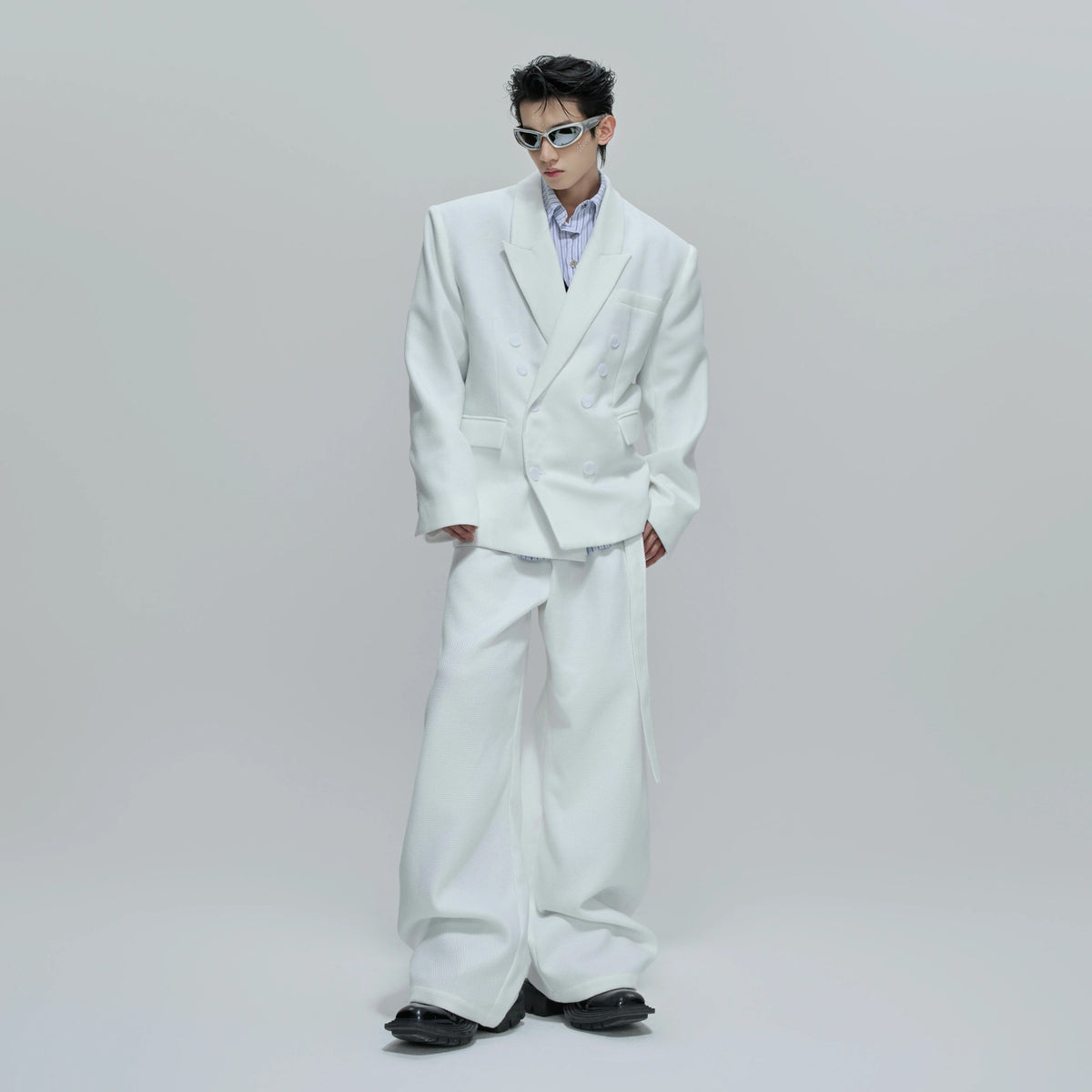 Relaxed Cotton Double-Breasted Suit Separates, Black & White - main image 2