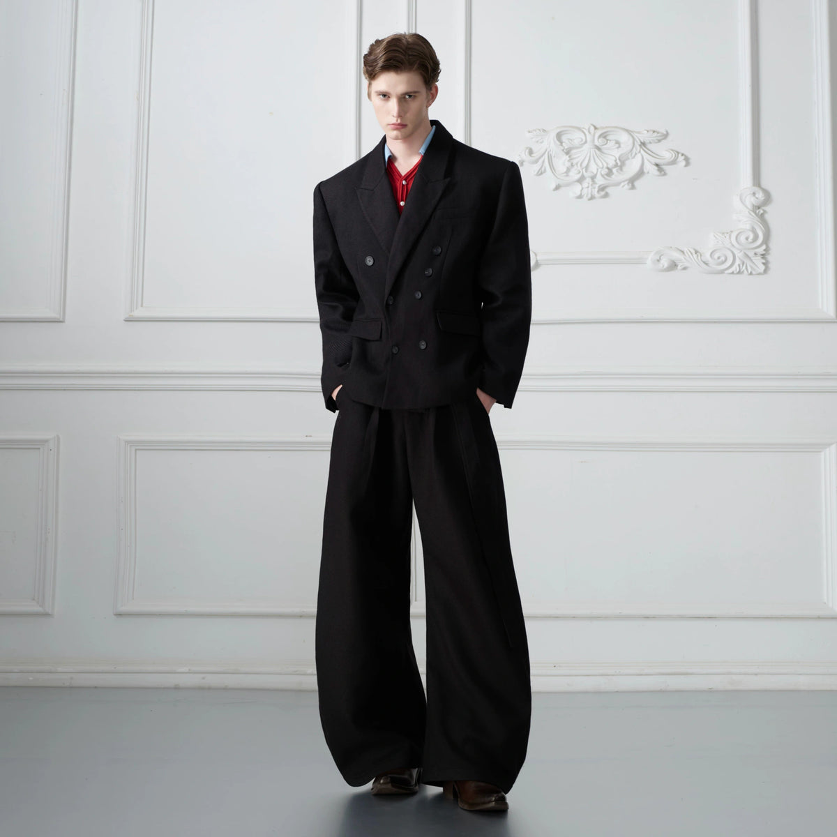 Relaxed Cotton Double-Breasted Suit Separates, Black & White - main image 3