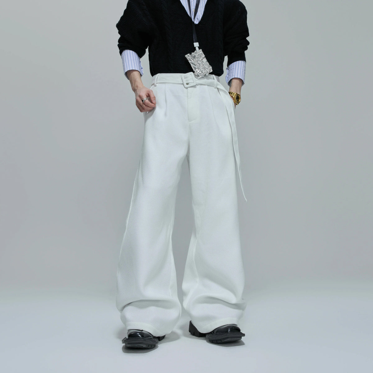 Relaxed Cotton Double-Breasted Suit Separates, Black & White - main image 5