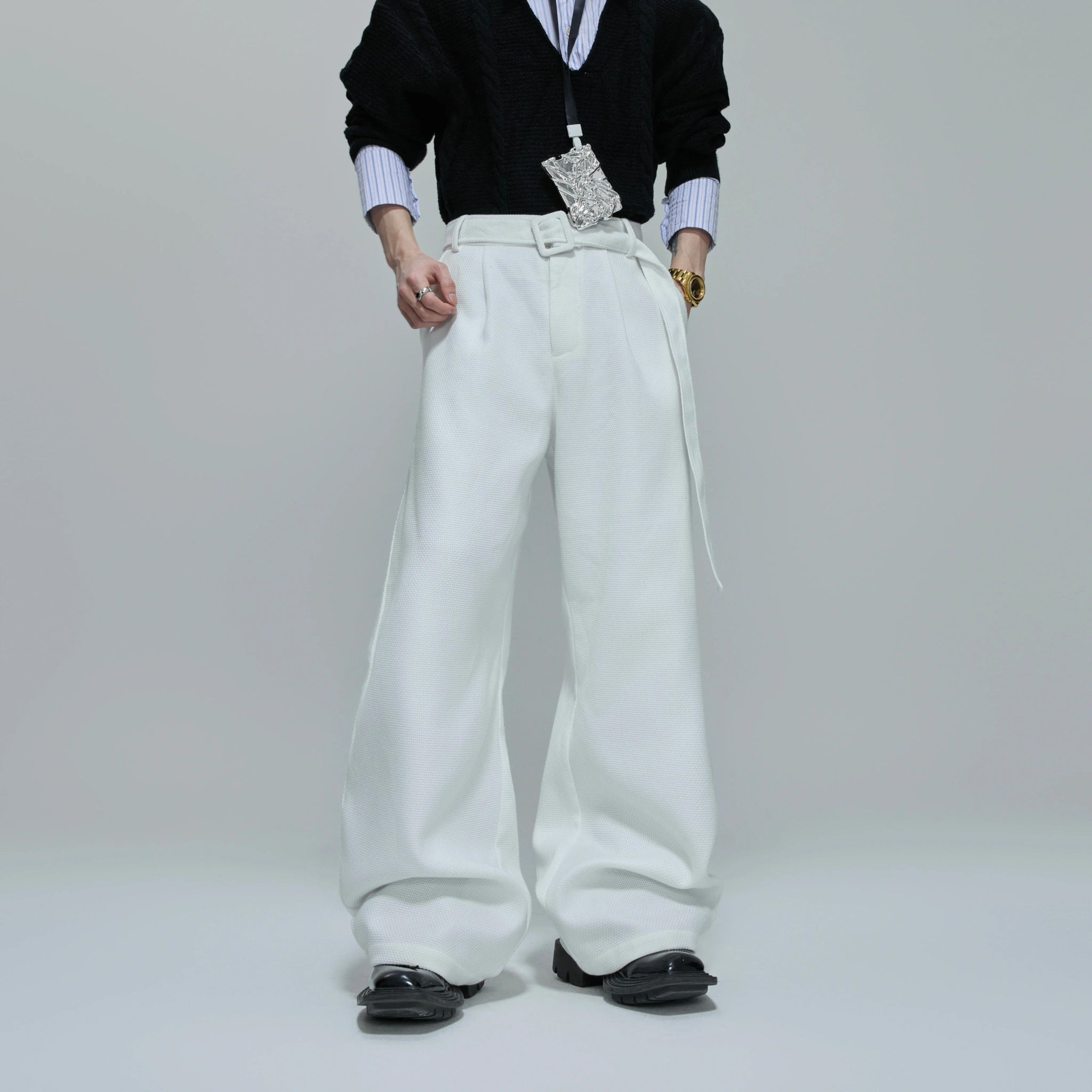 Relaxed Cotton Double-Breasted Suit Separates, Black & White - main image 5