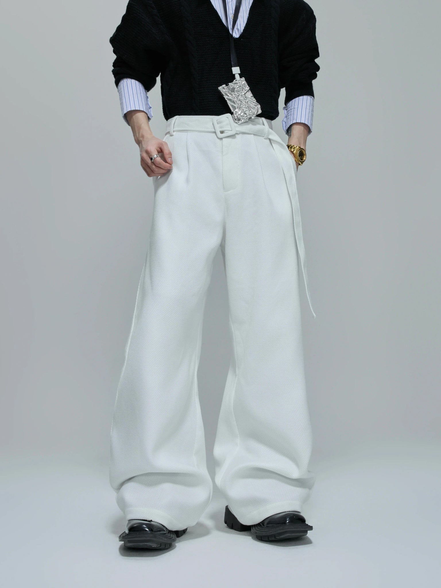 Relaxed Cotton Double-Breasted Suit Separates, Black & White - White Pants
