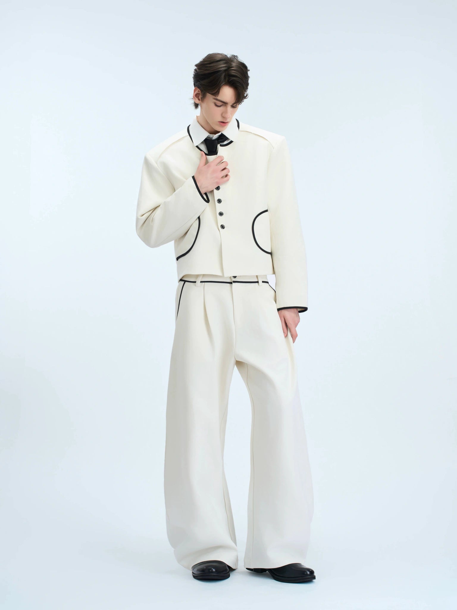 Collarless Contrast-Trim Jacket | Relaxed Cropped Fit - main image 1